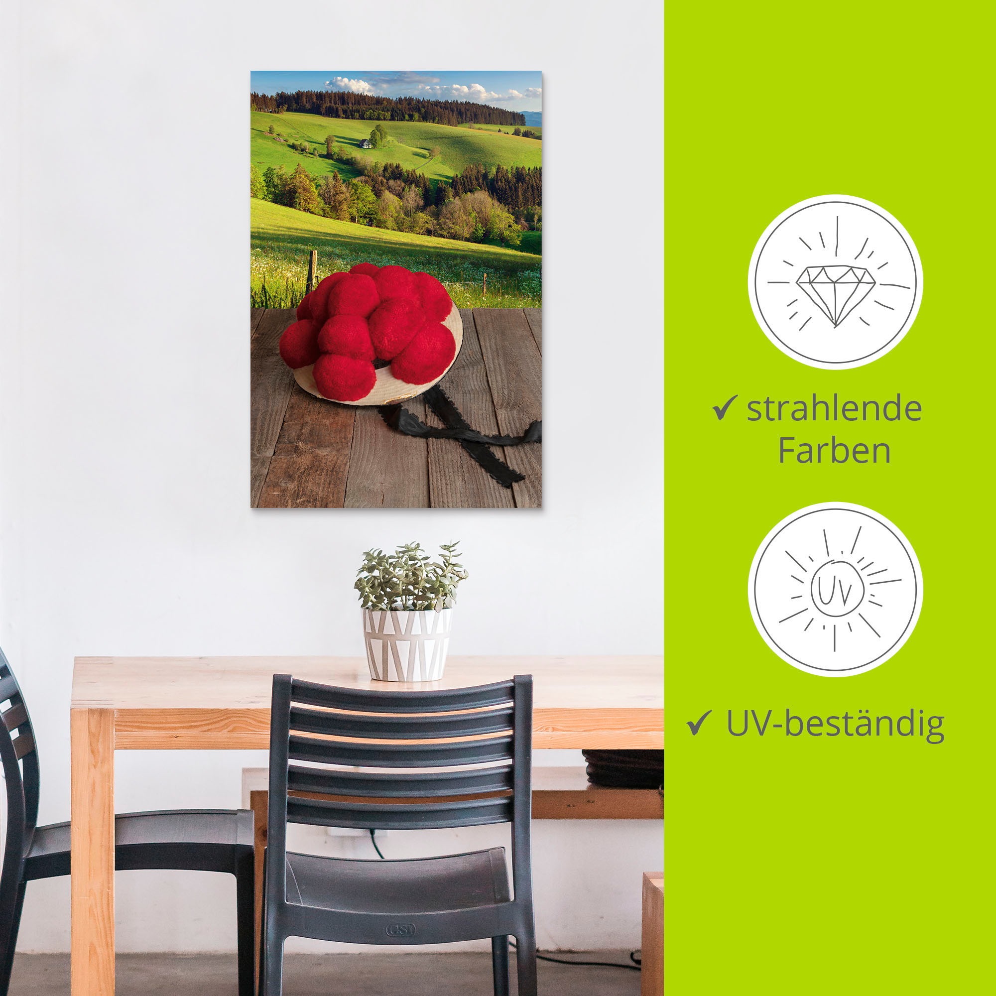 Artland Wandbild »Schwarzwälder Bollenhut auf Holztisch«, Wiesen & Baumbilder, (1 St.), als Alubild, Outdoorbild, Leinwandbild in verschied. Größen