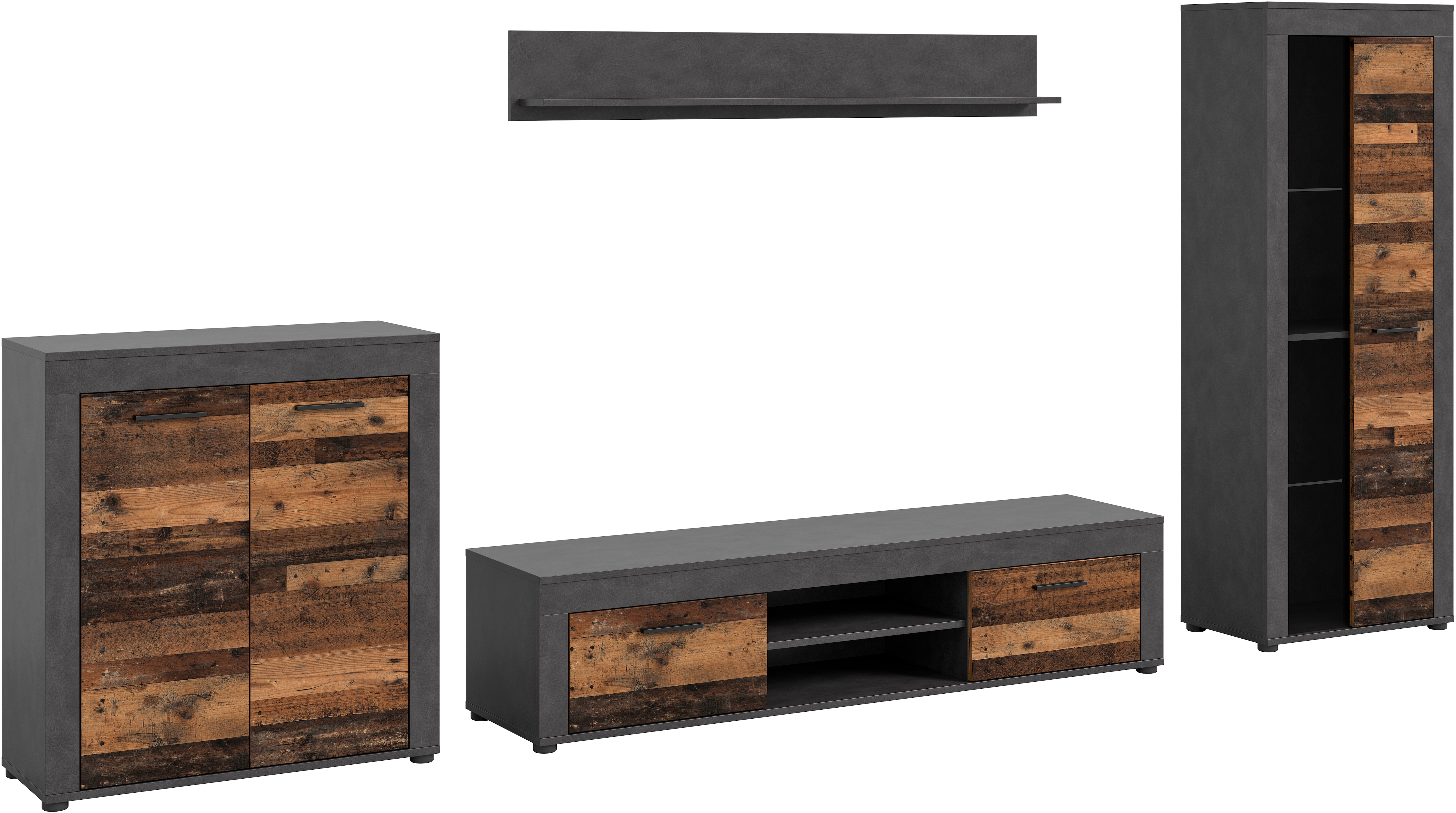 OTTO home Wohnwand "AOSTA, Breite 330cm, 4-teilige Wohn-Kombination" bestehend aus: Highboard, Lowboard, Wandboard, Vitrine, 4 Stk. tlg.