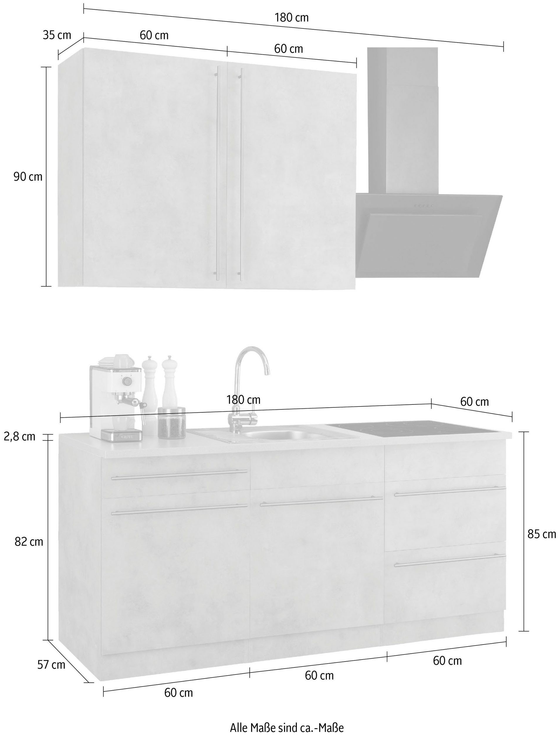 wiho Küchen Küche »Chicago«, wahlweise mit E-Geräten, Breite 180 cm