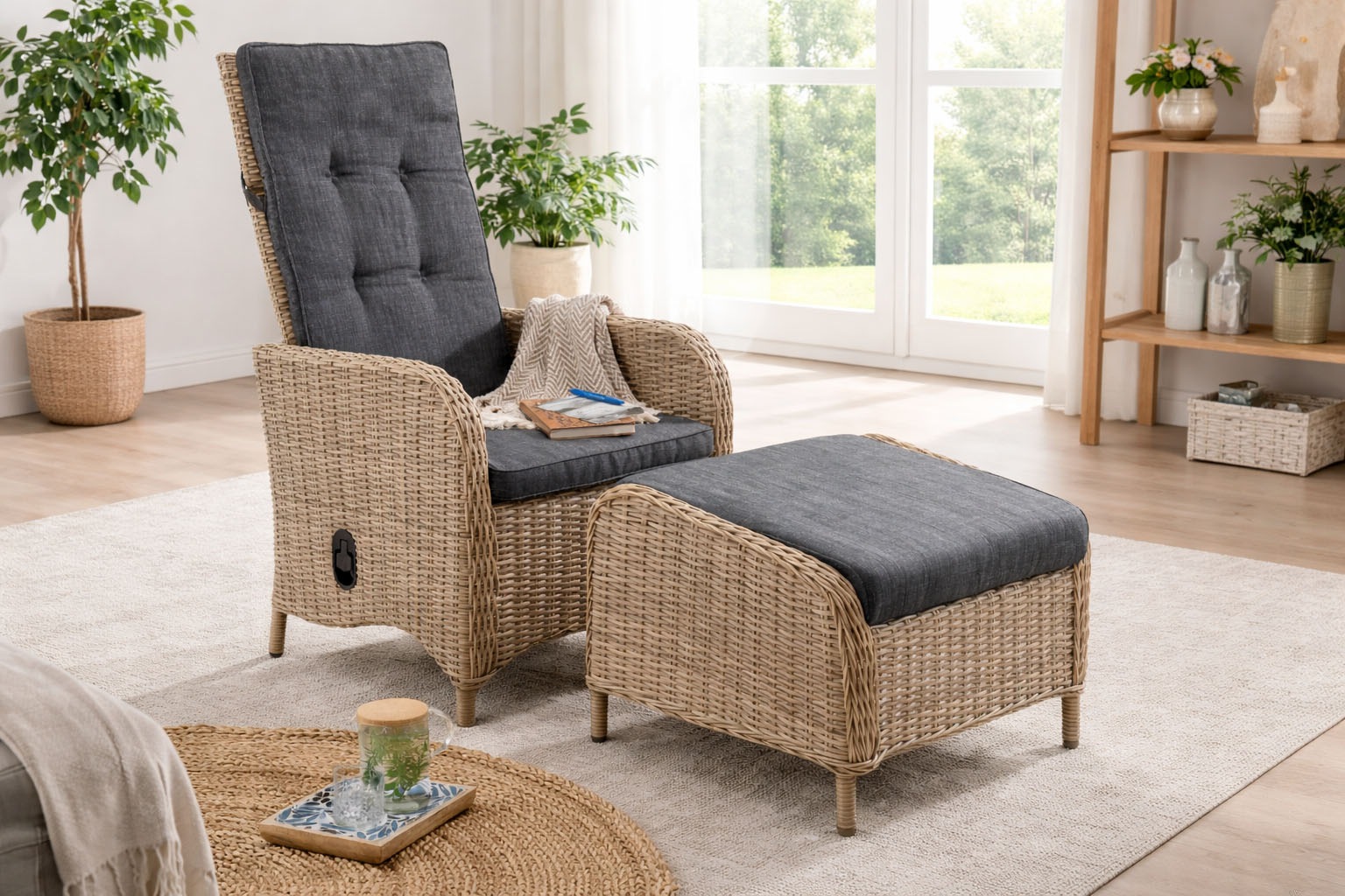 Destiny Gartensessel »PALMA CASA« Set, 2 Stk. tlg. Hochlehner und Fußhocker, natur meliert, Rückenlehne verstellbar