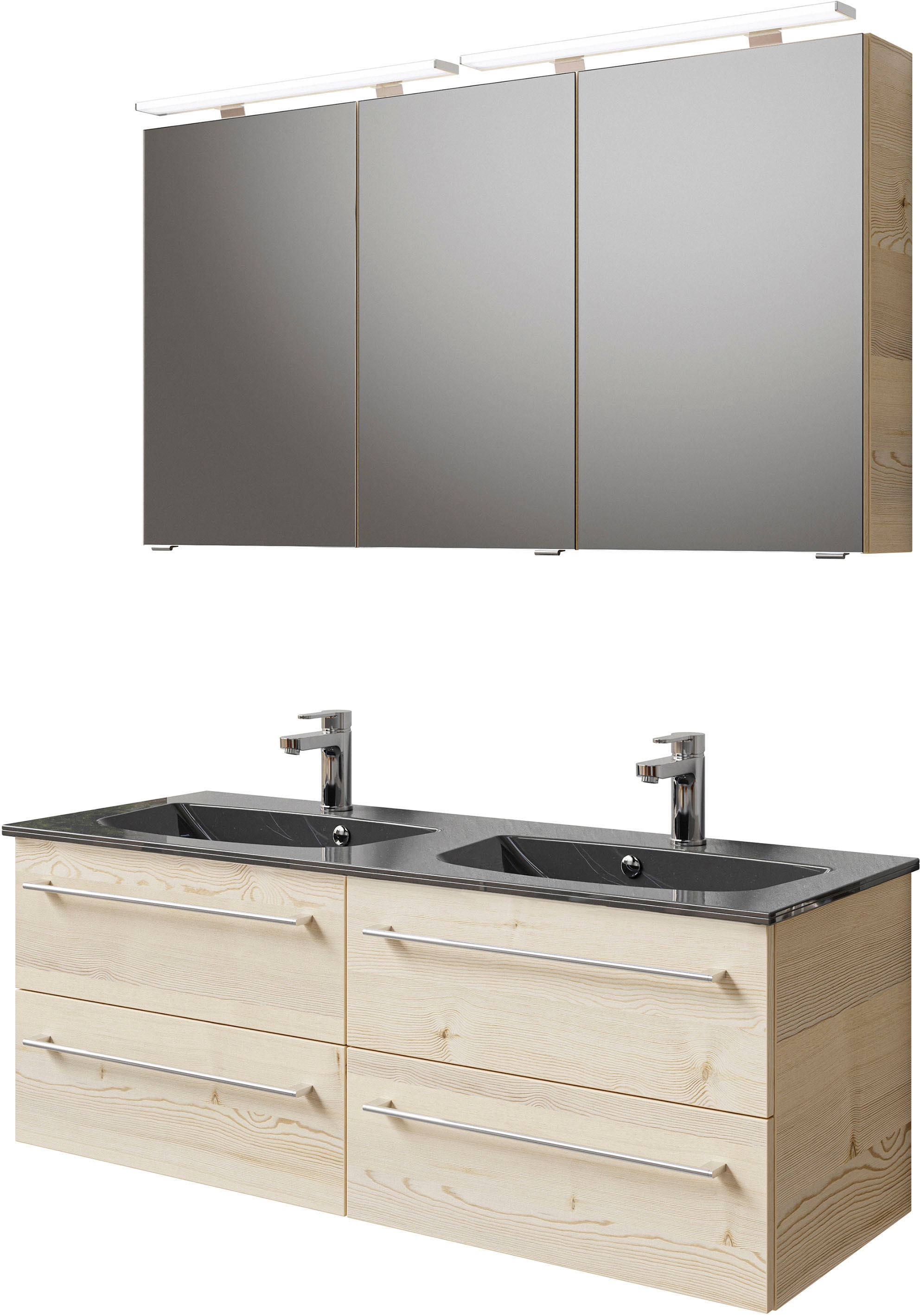 Saphir Badmöbel-Set "Serie 6025 2-teilig Mineralmarmor-Waschtisch mit LED-Spiegelschrank", (2 St.), Waschplatz 132cm bre