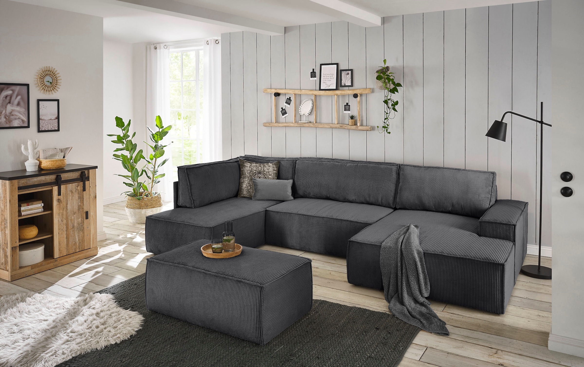 Home affaire Wohnlandschaft »SHERWOOD  329 cm, U-Form, Schlafsofa,« Schlaffunktion m. Bettkasten (194x139 cm), Cord, Vintage, Samtvelours