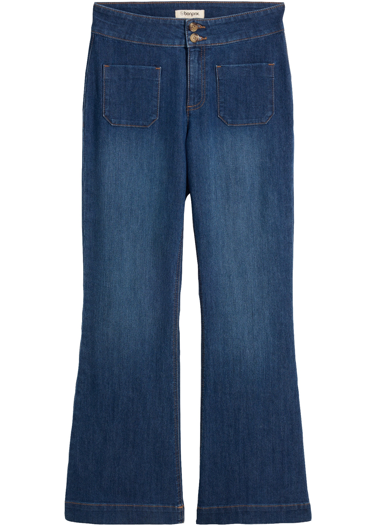 bonprix Schlagjeans mit Mid Waist, Regular Fit, ausgestellte Schlagform, in Used-Optik