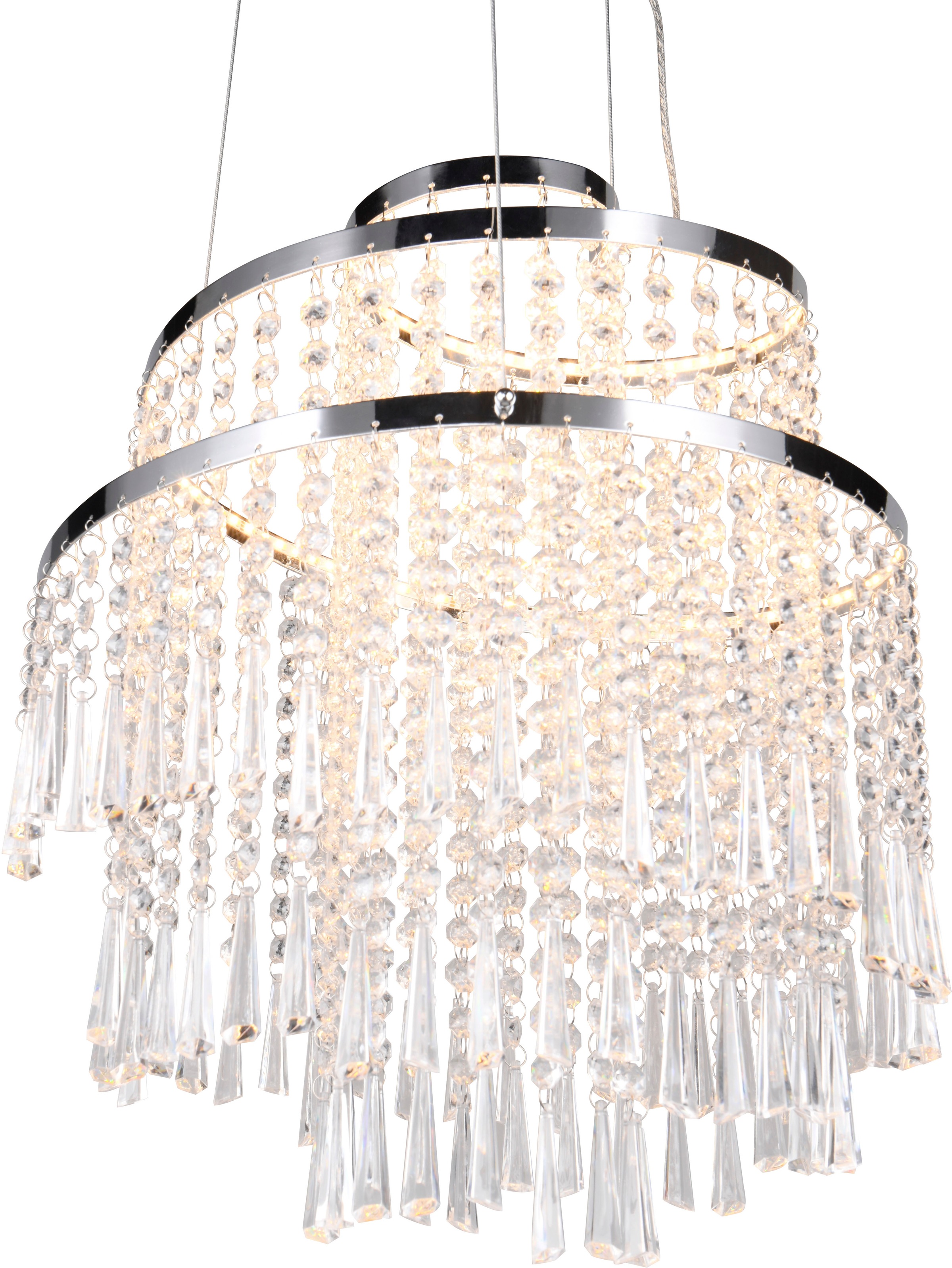 REALITY Leuchten LED Pendelleuchte »POMP, Kronleuchter chromfarbig mit Acryl Behang Ø 38cm Höhe 150 cm« LED-Board 1 Stk. Farbwechsler | warmweiß - kaltweiß LED Hängelampe 30W 4300 Lumen CCT 2700-6500K dimmbar mit Fernbedienung