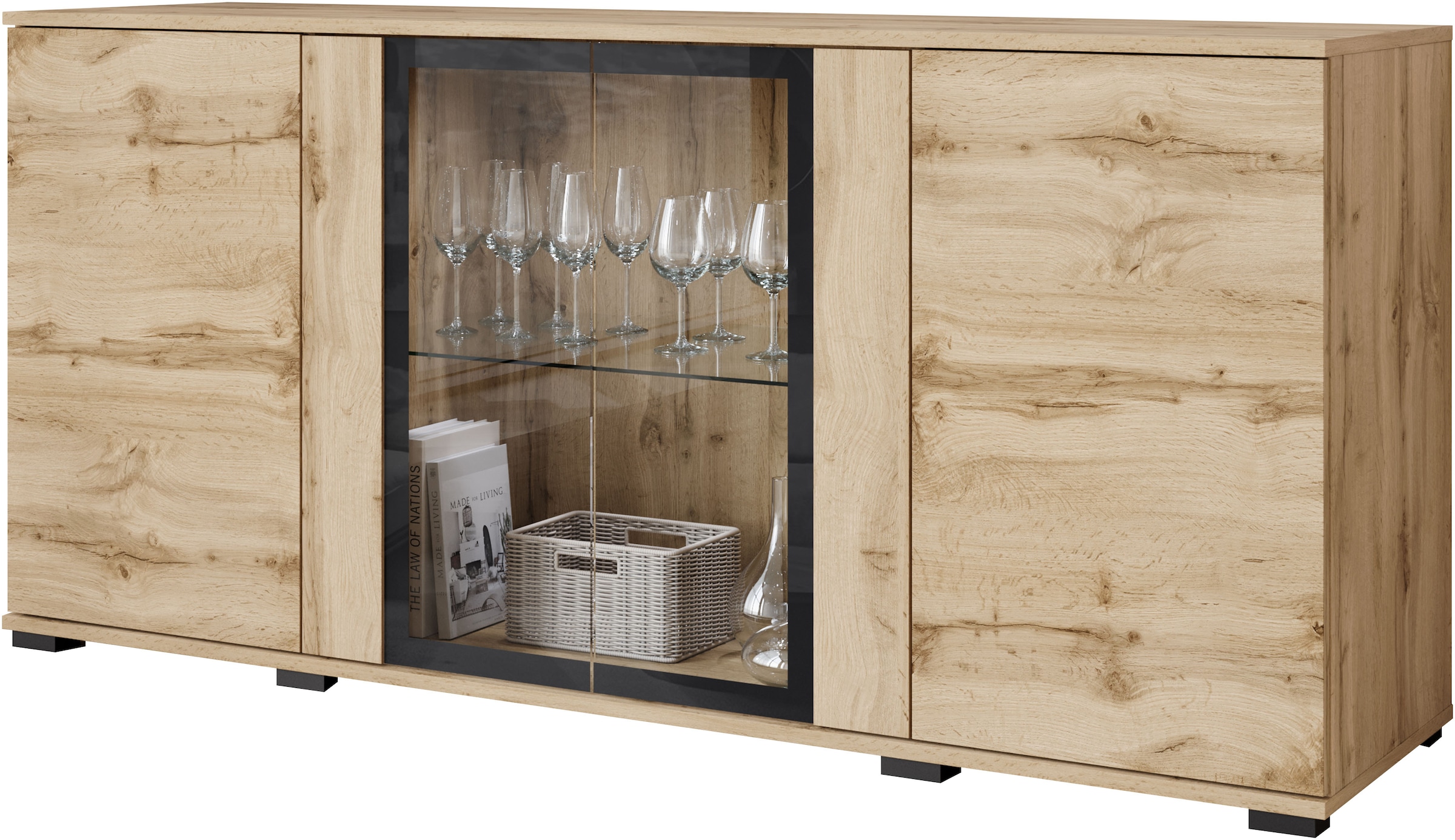 INOSIGN Sideboard »Caro, modernes Design mit Glaseinsätzen, Breite 150 cm«, (1 St.), Grifflose Fronten mit Push-to-Open, höhenverstellbare Einlegeböden