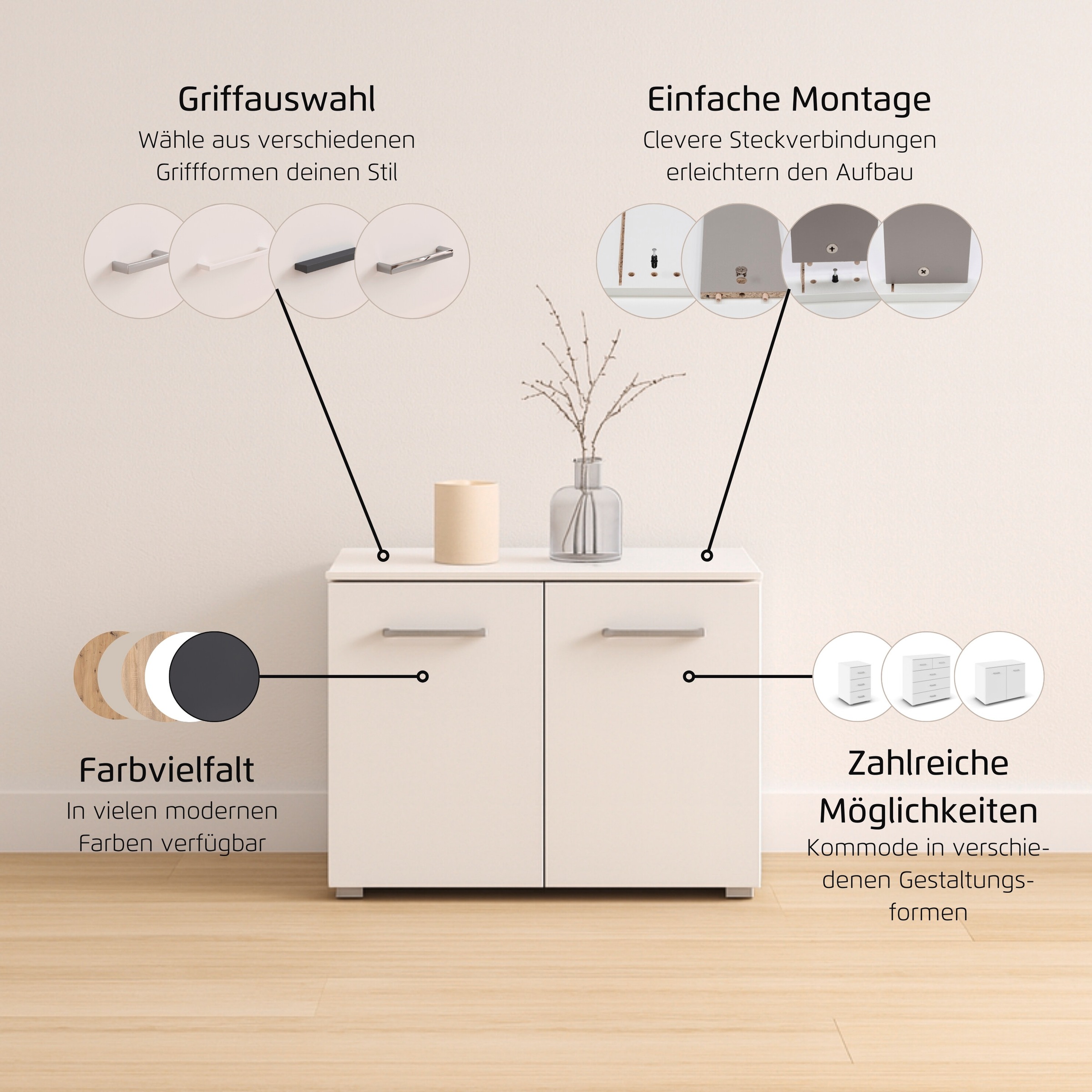 Thumbnail - rauch Kommode "Gamma" Breite 80 cm / Höhe 61 cm, verschiedene Griffvarianten/-Farben, mit 2 Türen, verstellbaren Böden u...