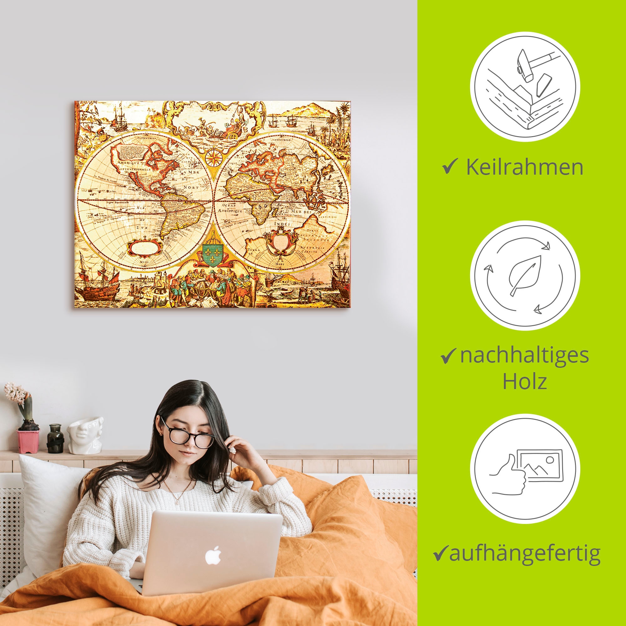 Artland Leinwandbild »Antike Weltkarte« 1 Stk. tlg. auf Holzrahmen gespannt