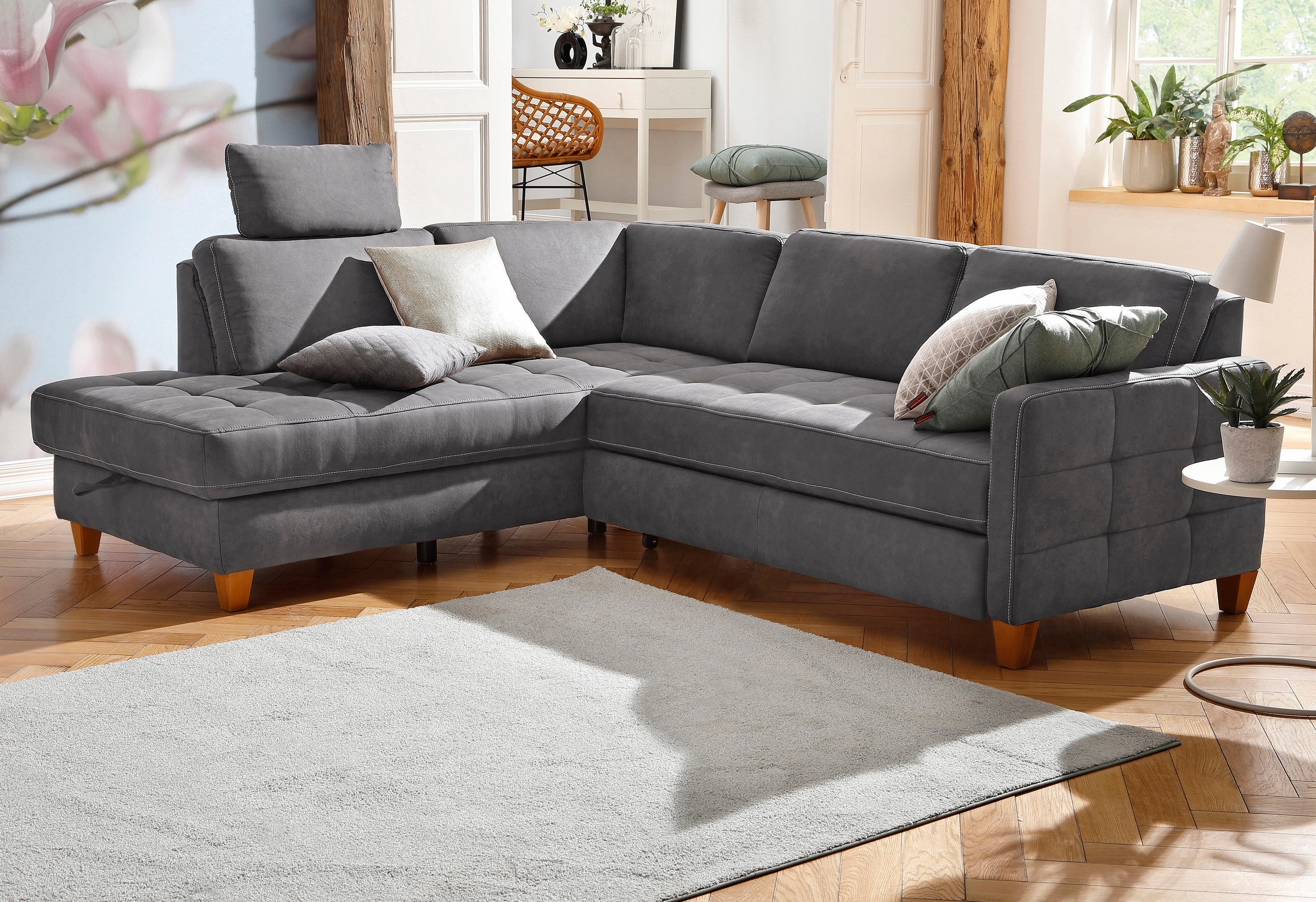 Ecksofa HOME AFFAIRE "Earl L-Form", grau (anthrazit), B:233cm H:80cm T:196cm, Luxus-Microfaser in Lederoptik (100% Polyester);Struktur fein (100% Polyester);Luxus-Microfaser ALTARA NUBUCK (100% Polyester), Sofas, Ecksofa, wahlweise auch mit Bettfunktion o 7