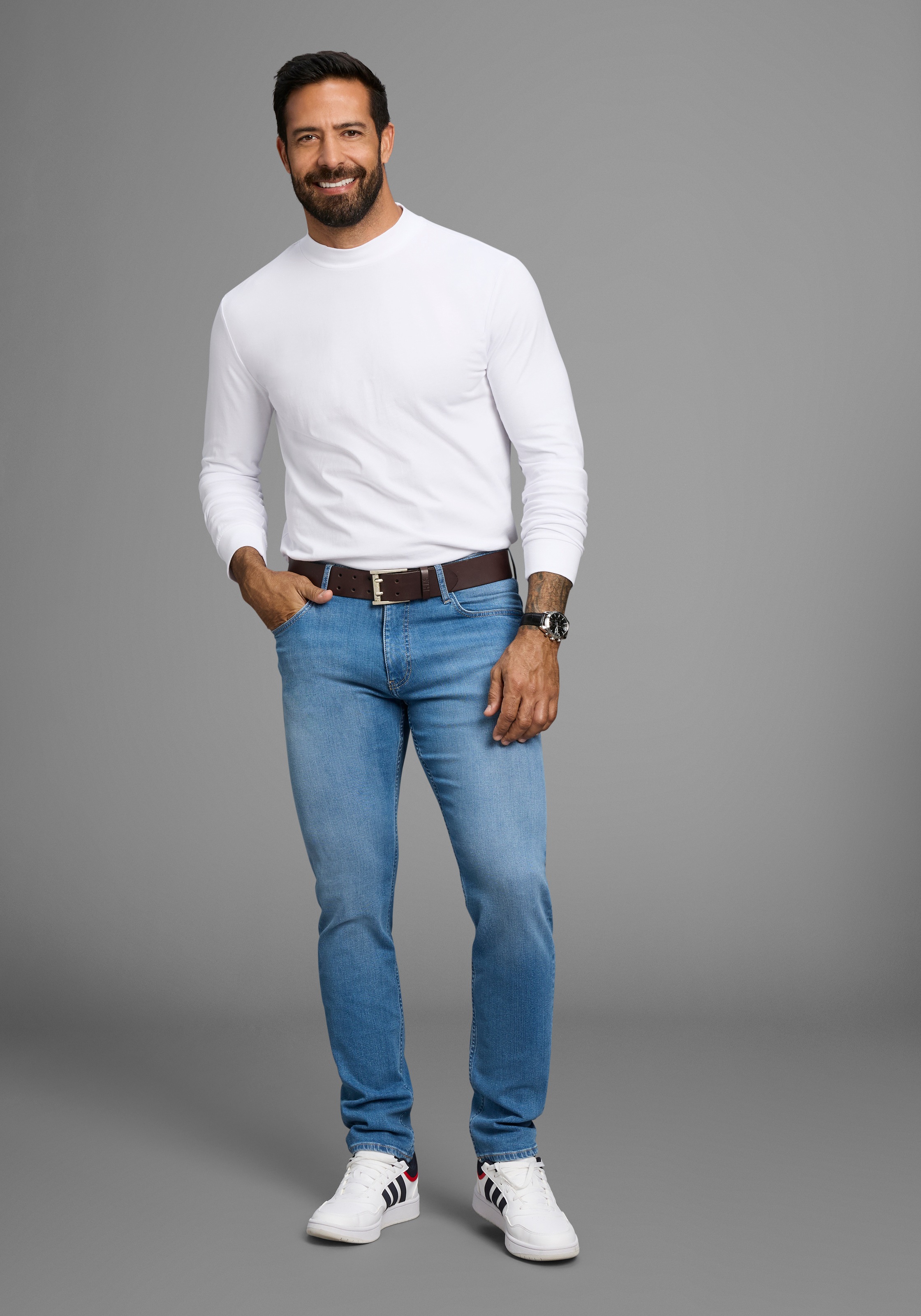 Straight-Jeans H.I.S "NEW DALE", Herren, Gr. 36, Länge 32, blau (bleached sto), Denim/Jeans, Obermaterial: 99% Baumwolle, 1% Elasthan, normal lang, Jeans Straight-Jeans, gerades Bein, mit Used-Effekten, niedrige Leibhöhe 3