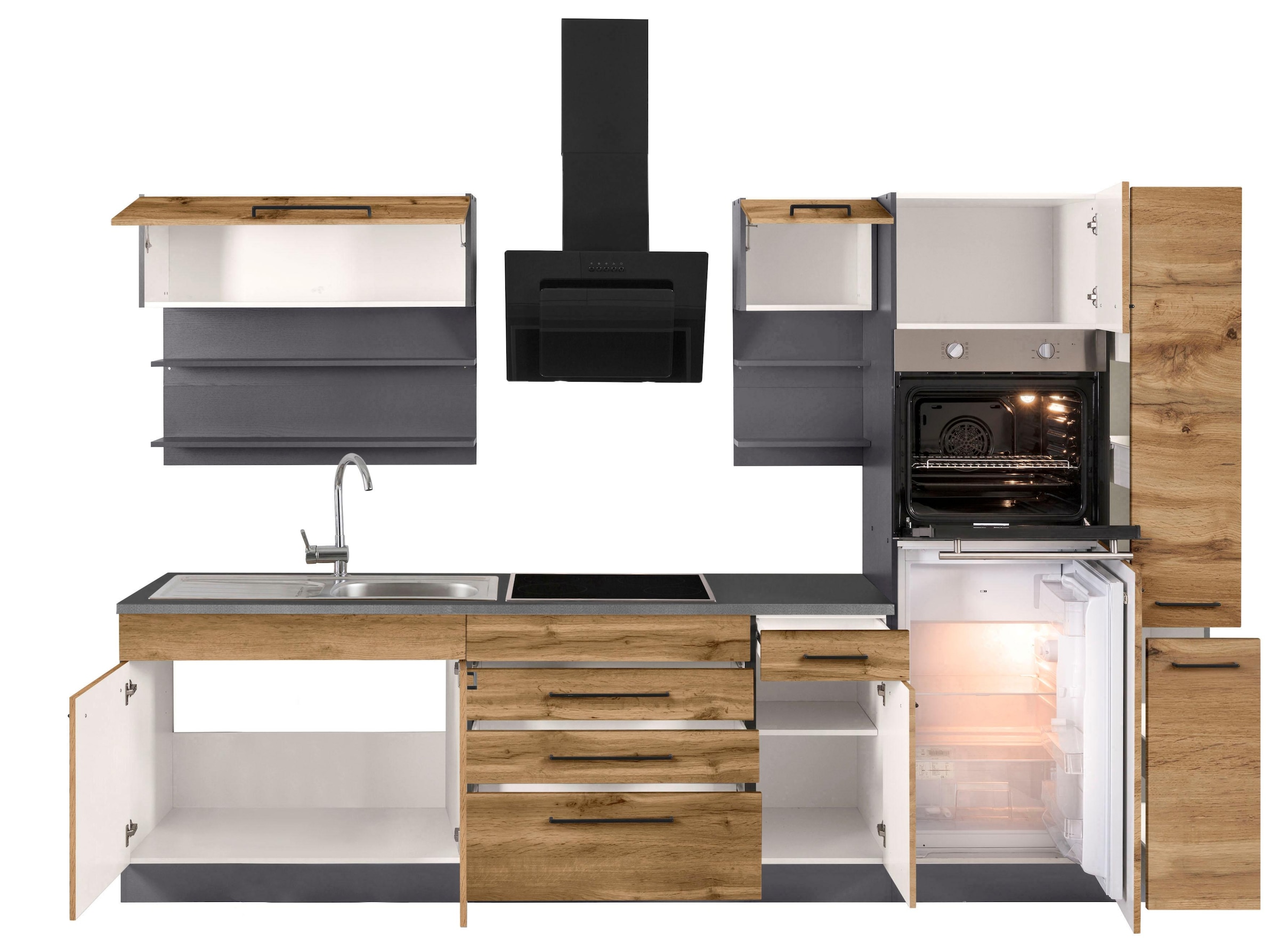 KOCHSTATION Küchenzeile »KS-Tulsa«, mit E-Geräten, Breite 290 cm, schwarze Metallgriffe, MDF Fronten