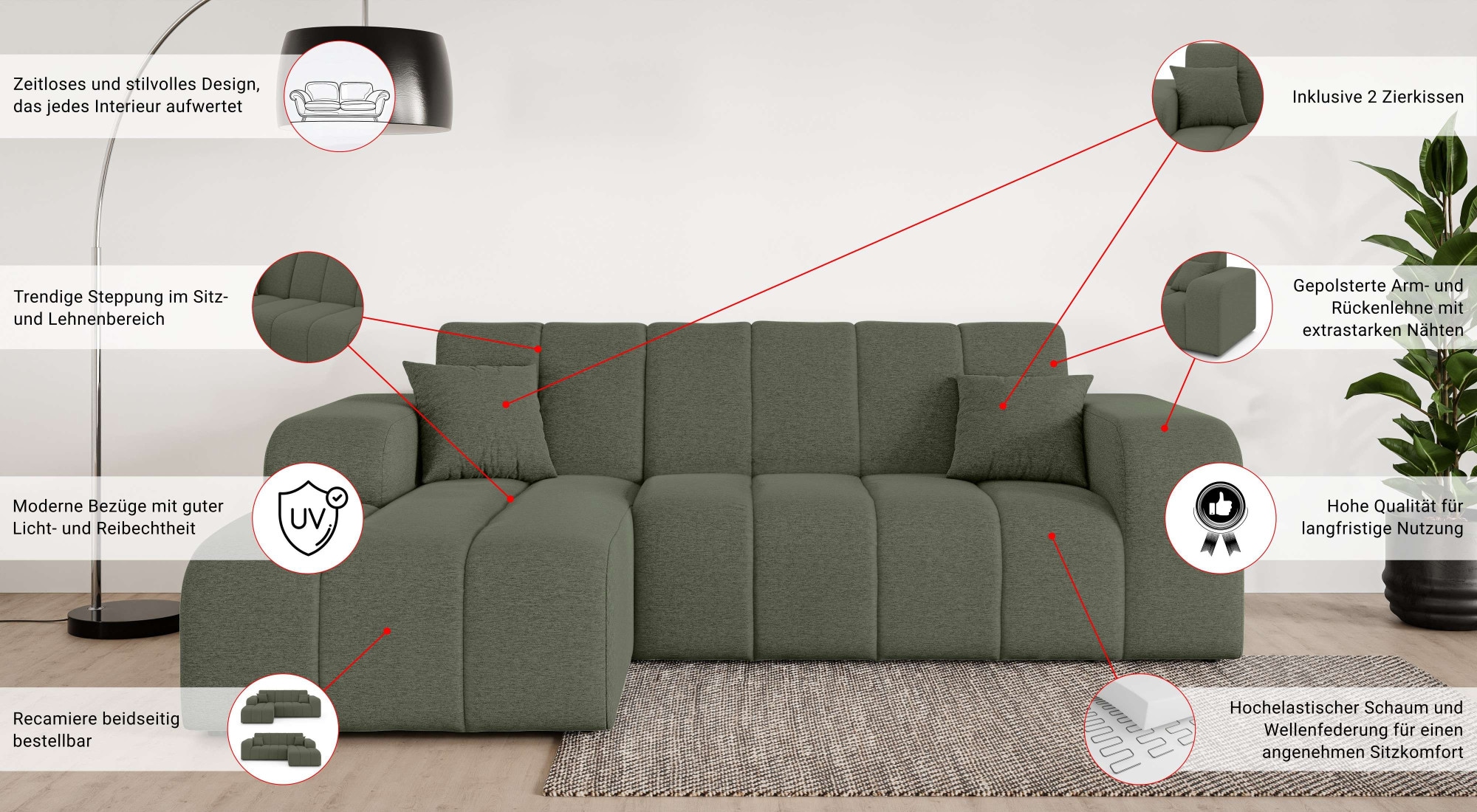 INOSIGN Ecksofa »CASSY L-Form, Schlafsofa mit Bettkasten, Maße B/T/H: 245/165/88 cm«, mit 2 Rückenkissen, Recamiere rechts oder links bestellbar