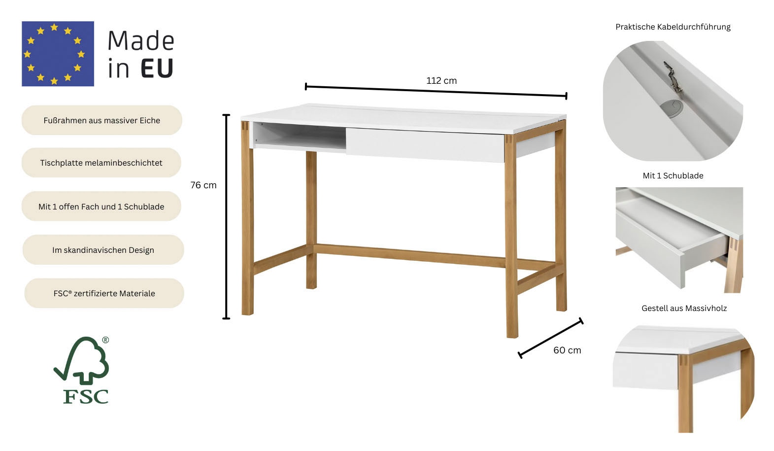 Woodman Schreibtisch »Northgate« im skandinavian Design, Breite 112 cm, FSC®-zertifiziert