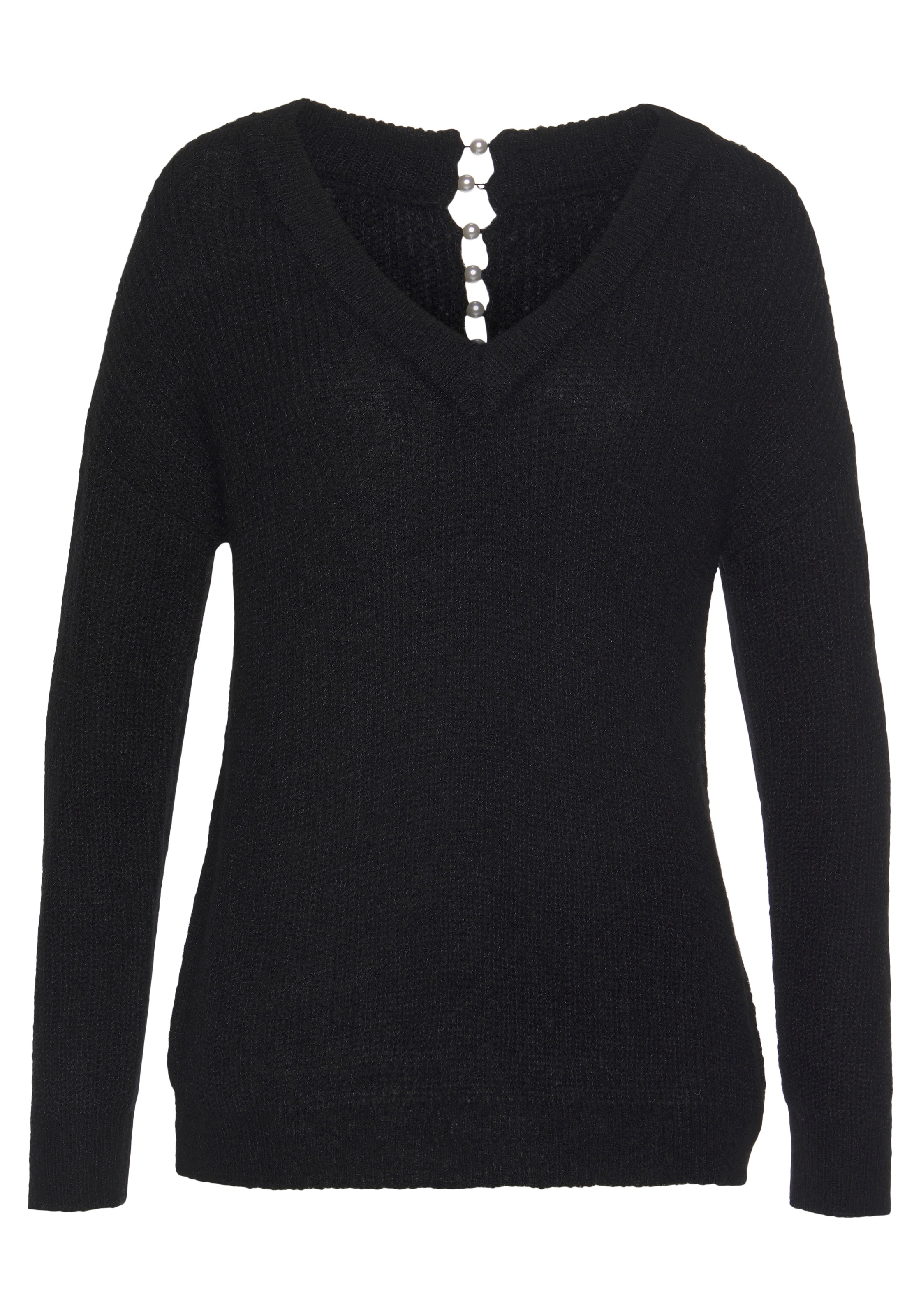 V-Ausschnitt-Pullover LASCANA, Damen, Gr. 32/34, schwarz, Rippstrick, Obermaterial: 77% Polyacryl, 19% Polyester, 4% Elasthan, unifarben, figurumspielend hüftlang, V-Ausschnitt, Pullover, mit Zierperlen im Rücken, femininer Strickpullover 3