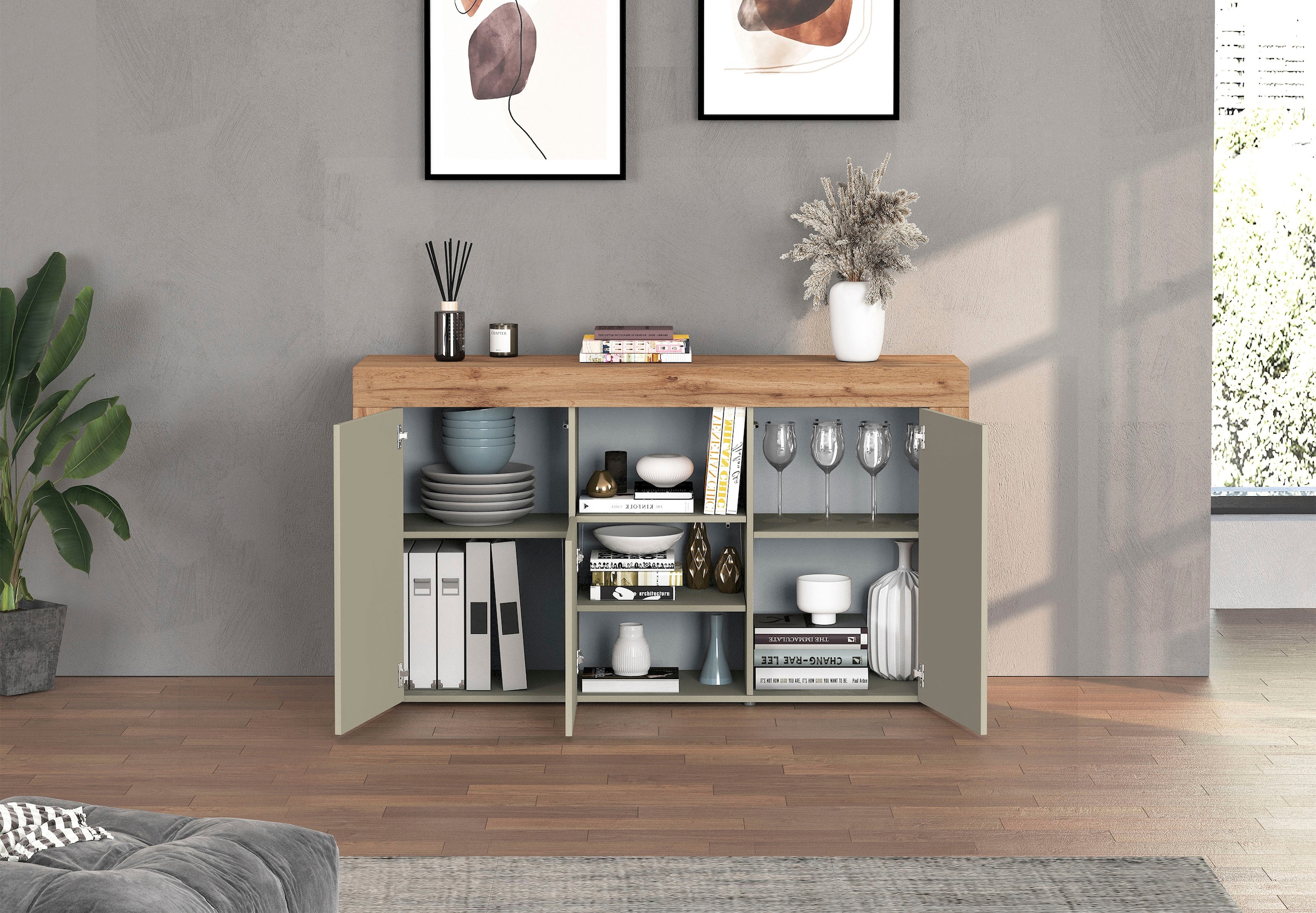 INOSIGN Sideboard »CHRONOS Breite 155 cm mit 3 Türen, 1 offenes und 6 geschlossene Fächer«, (1 St.), Sideboard,Kommode, Schrank, Grifflos mit Push to Open, Made in Italy