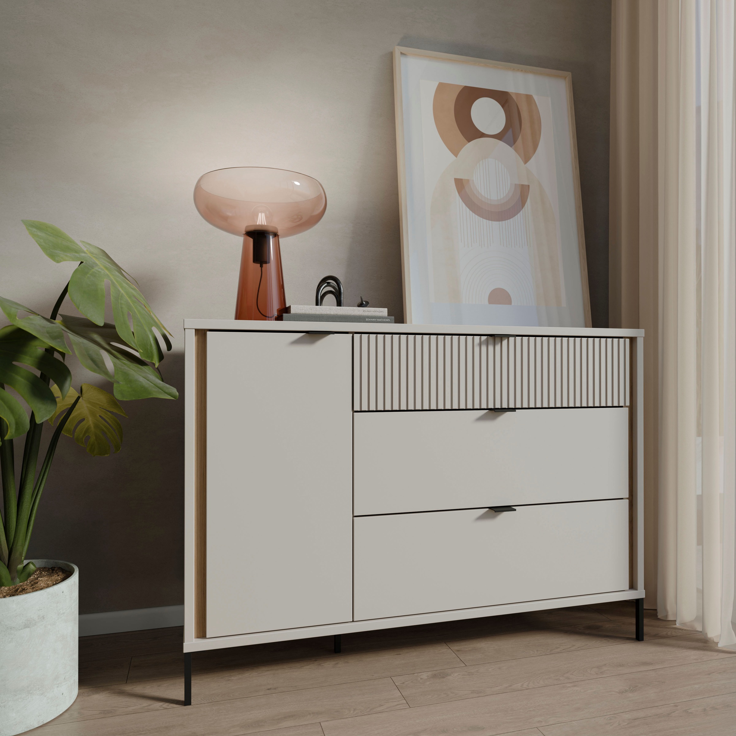 FORTE Sideboard »Forte Seravel Kommode 124 cm, Kashmir Beige/Mauvella Eiche« B/H/T 124,1/87,2/41,5 viel Stauraum, Lamellenoptik