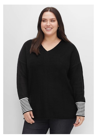 V-Ausschnitt-Pullover »Große Größen«, mit geringeltem Ärmelbündchen