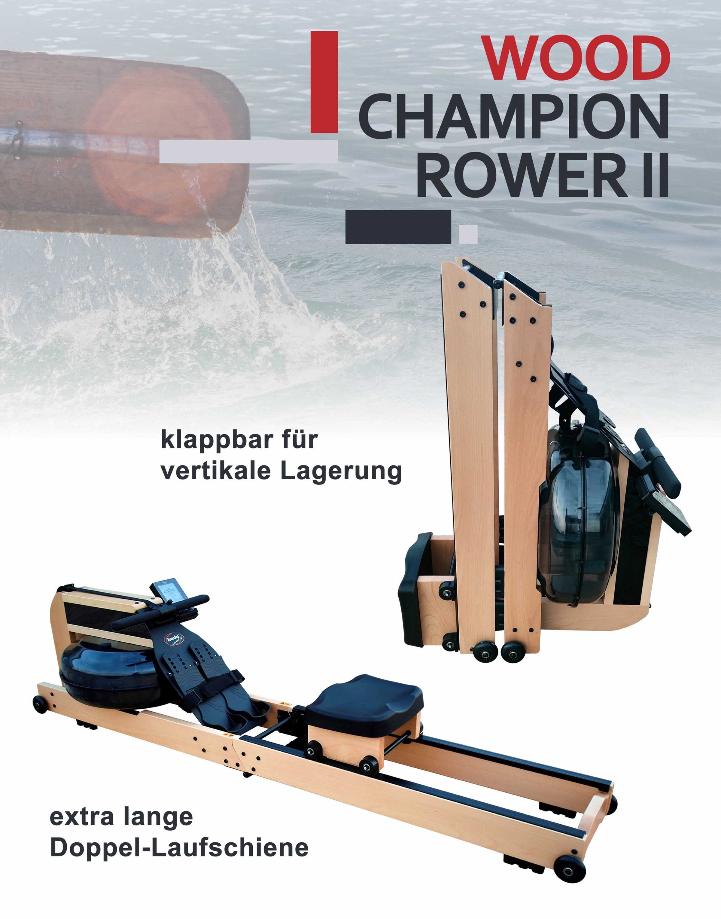 body coach Ruderzugmaschine »Wood Champion II Rower«, (extra großer Wassertank, platzsparend faltbar), Rudermaschine