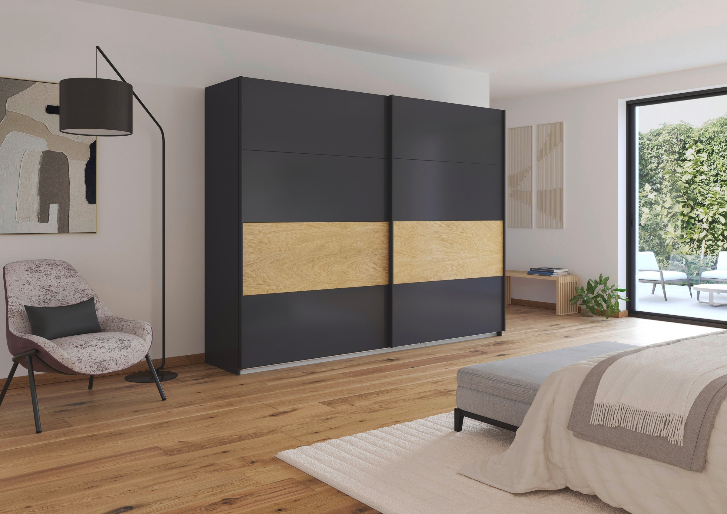 rauch Schwebetürenschrank »Kleiderschrank Schrank Garderobe Schlafzimmerschrank MALVA«, Bauchbinde abgesetzt in gebürstetem Eiche Furnier MADE IN GERMANY