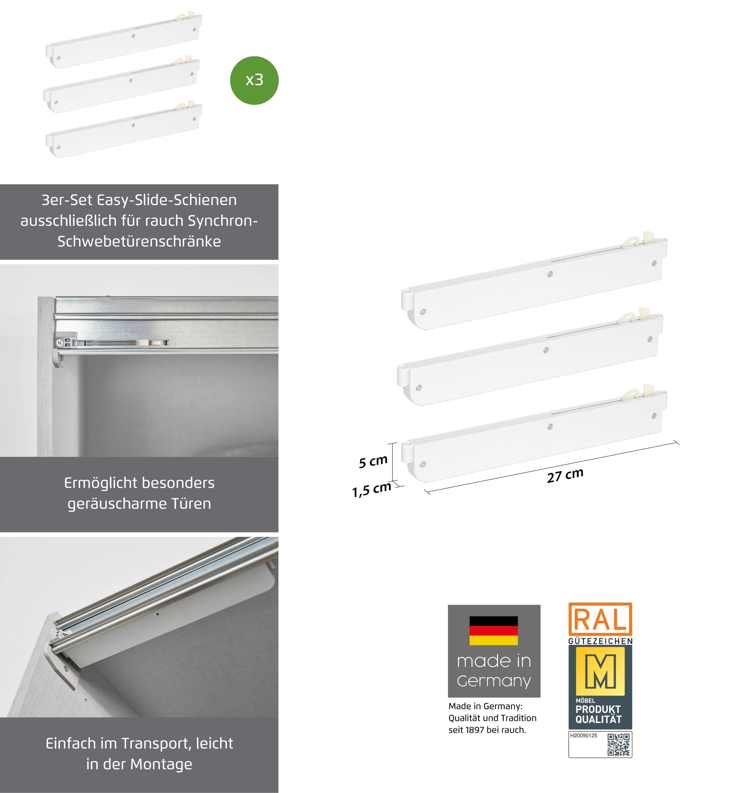 rauch Schwebetürselbsteinzug »Zubehör«, (Set, 3 St.), 3er-Set für 4-türige Synchron-Schwebetürenschränke 271 und 361 cm