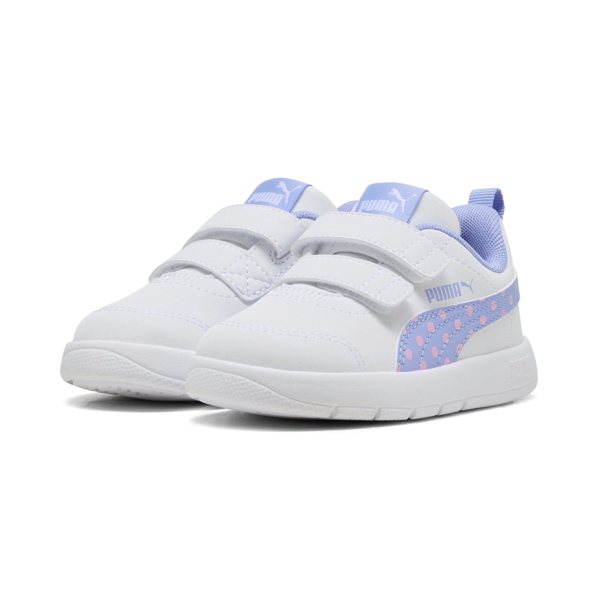 Sneaker PUMA "COURTFLEX V3 DOTTY V INF", Mädchen, Gr. 24, puma weiß, intense lavender, pink shimmer, Synthetik, unifarben, Schuhe Sneaker, knöchelhohe Form, mit Klettverschluss, flexible Synthetik-Laufsohle