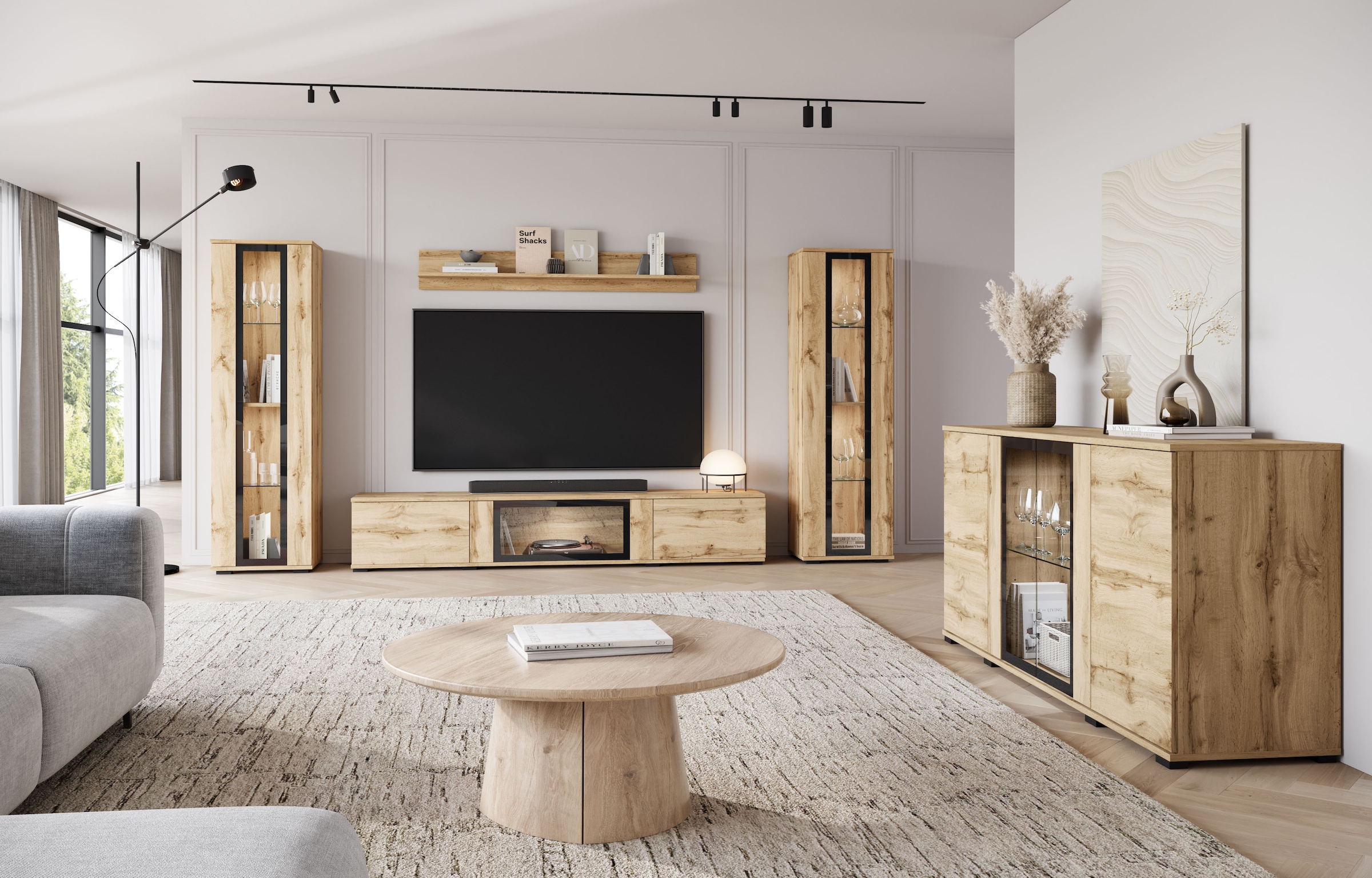 INOSIGN Sideboard »Caro, modernes Design mit Glaseinsätzen, Breite 150 cm«, (1 St.), Grifflose Fronten mit Push-to-Open, höhenverstellbare Einlegeböden