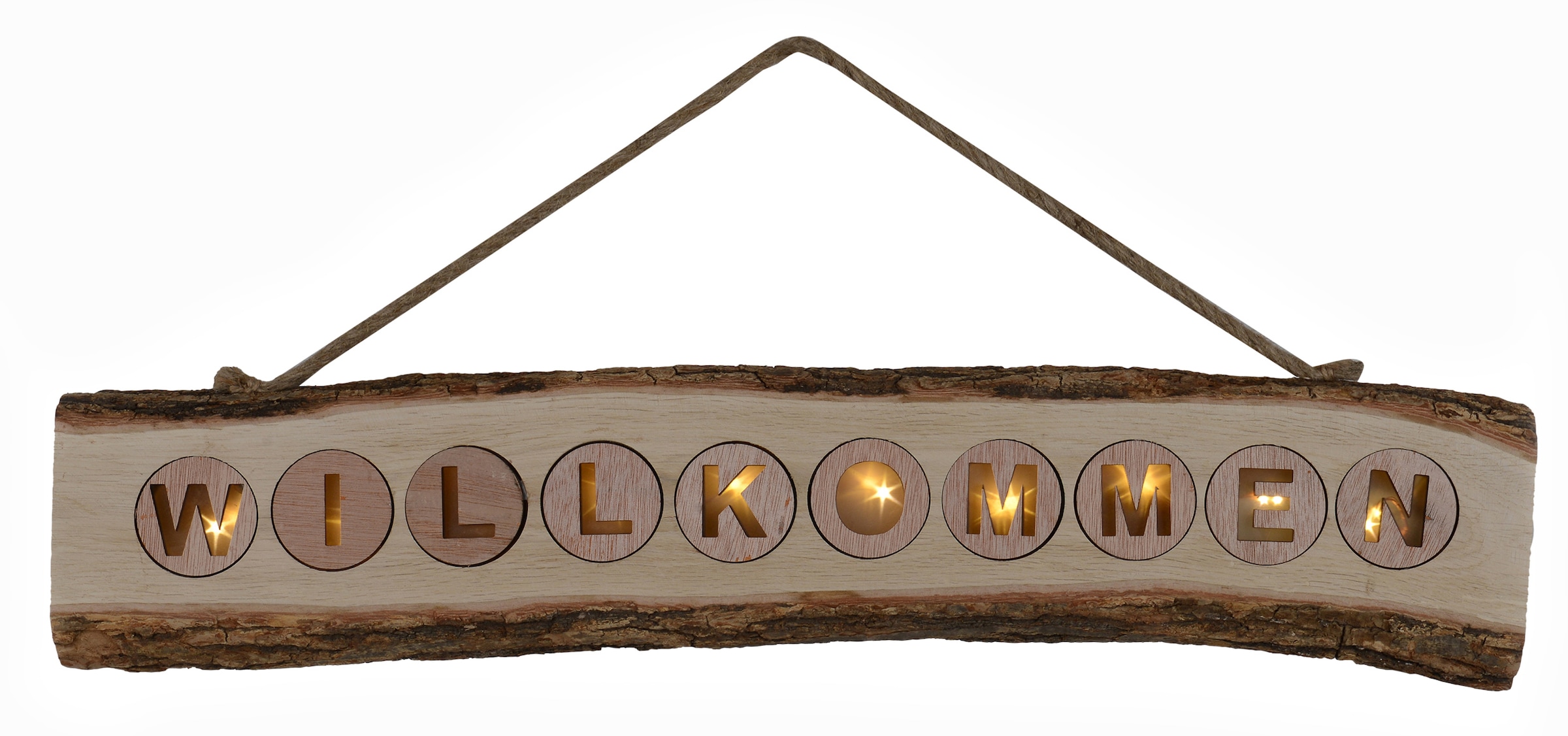 NÄVE LED Dekolicht "Willkommen", beige (natur), Ø 60cm H: 12cm, Leuchten, Schriftzug "Willkommen", 2xAA Batterien, incl. Aufhängung/Jute