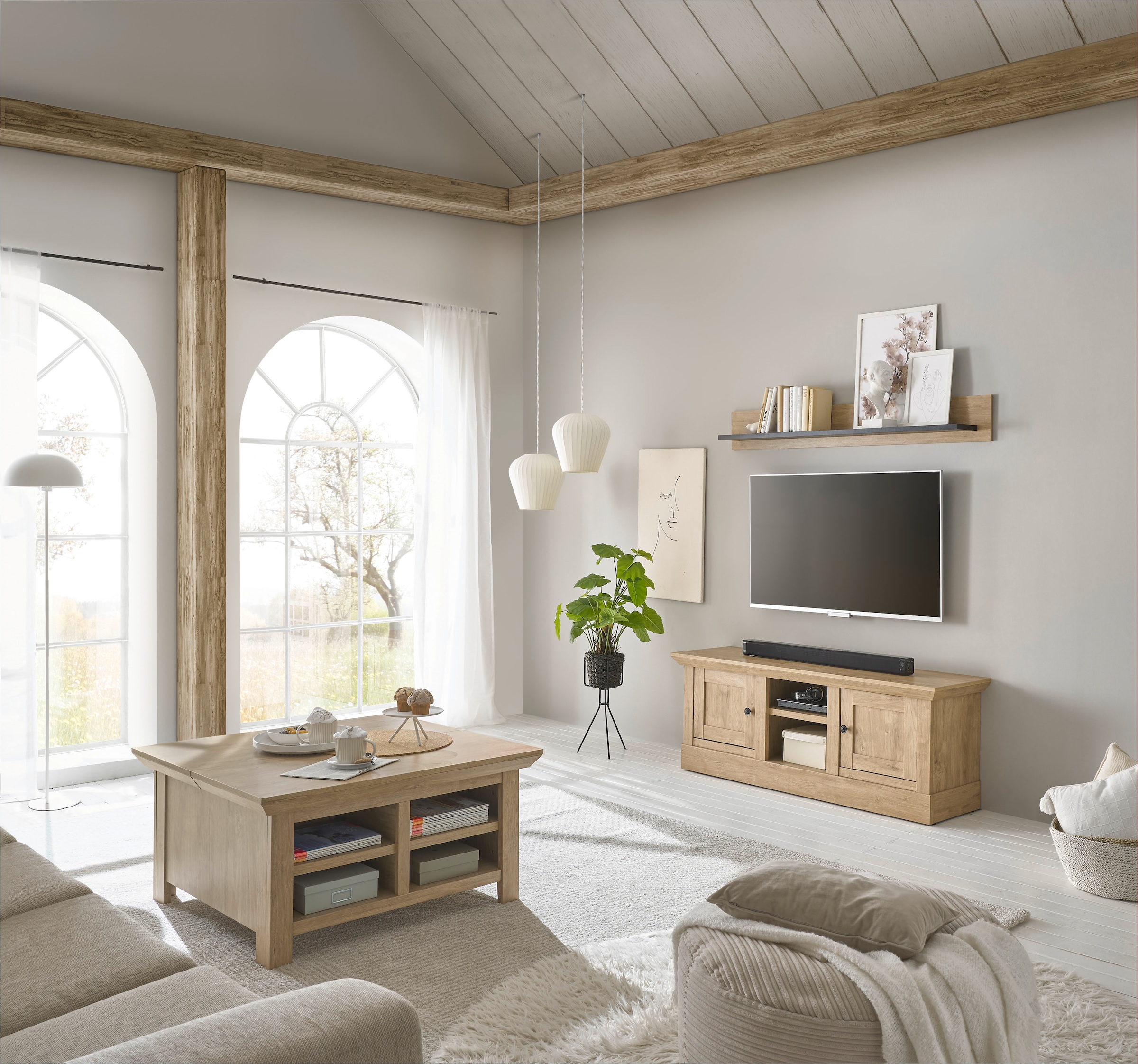Home affaire Wohnwand »Cornwall, Anbauwand im Landhausstil, Wohnzimmer-Set, Eiche Dekor«, (Set, 2 St.), enthält Lowboard, Wandboard, Eiche Dekor, 152 cm breit