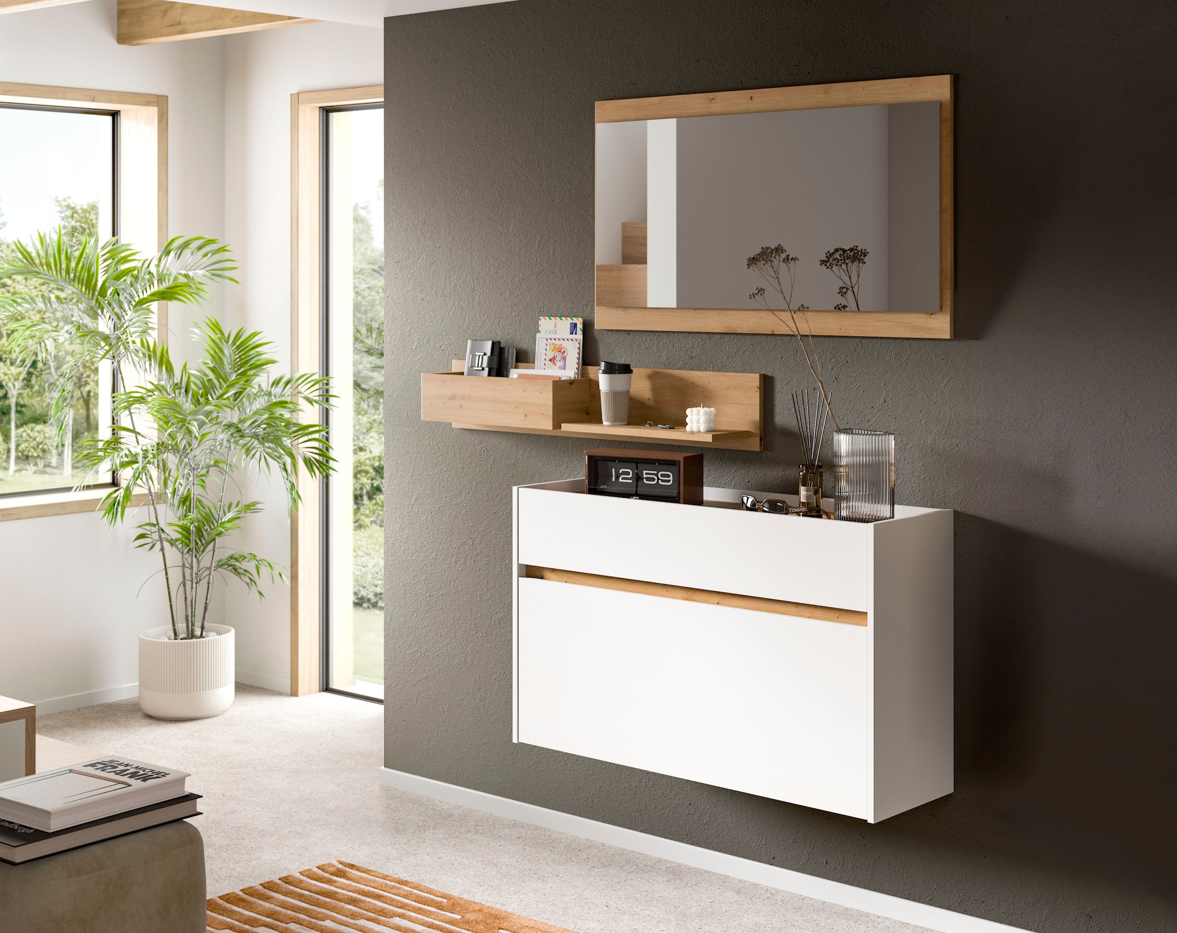 INOSIGN Schuhschrank »EVRID, Breite 110cm, hängend, 1 Schubkasten, 1 Schuhwalze«, (1 St., individuell mit anderen Artikel der Serie EVRID erweiterbar), Schuhkommode, Kommode, Sideboard, Garderobenschrank, Flurkommode