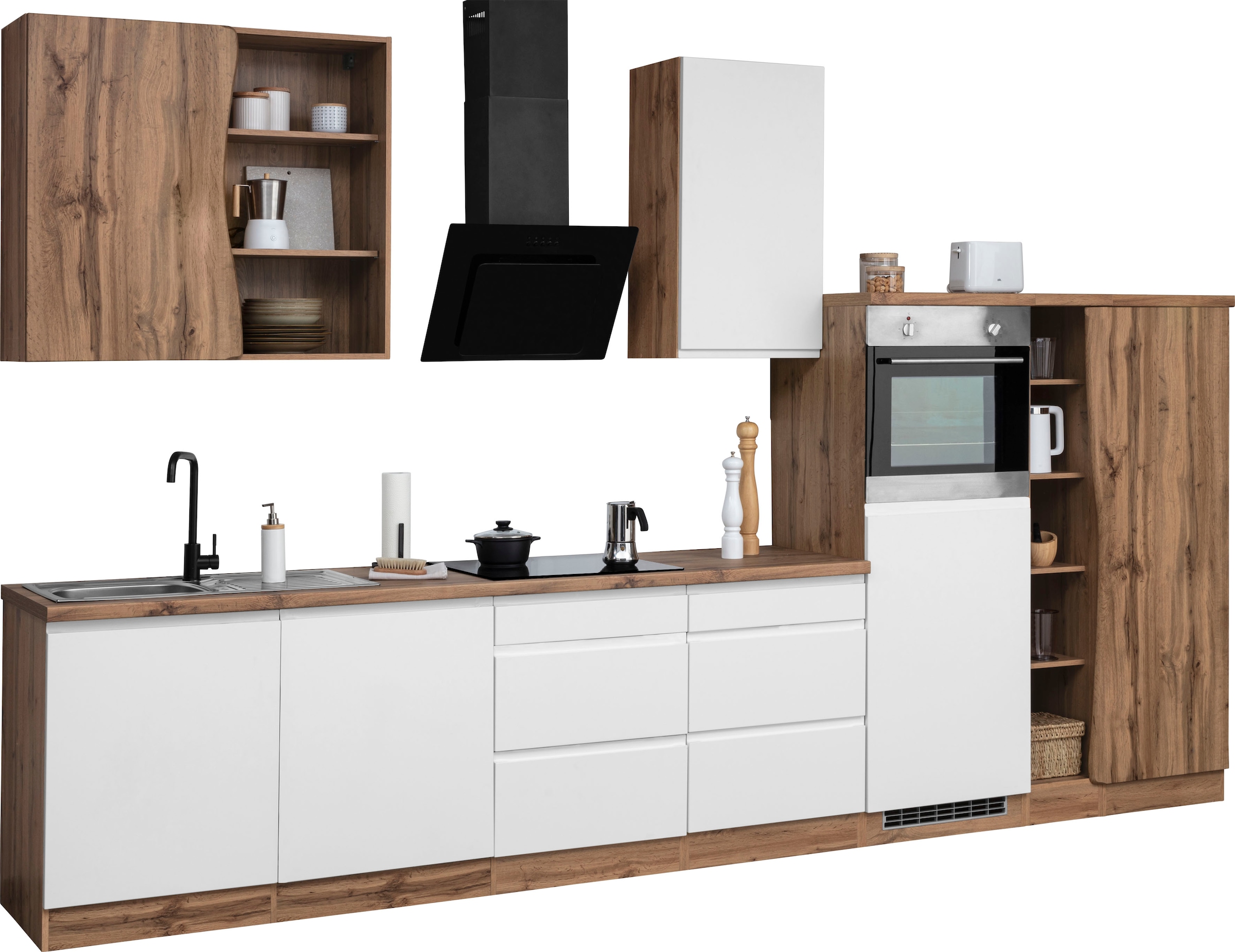 KOCHSTATION Küchenzeile »KS-Bruneck«, 380 cm breit, Ceran-oder Induktionskochfeld, hochwertige MDF-Fronten