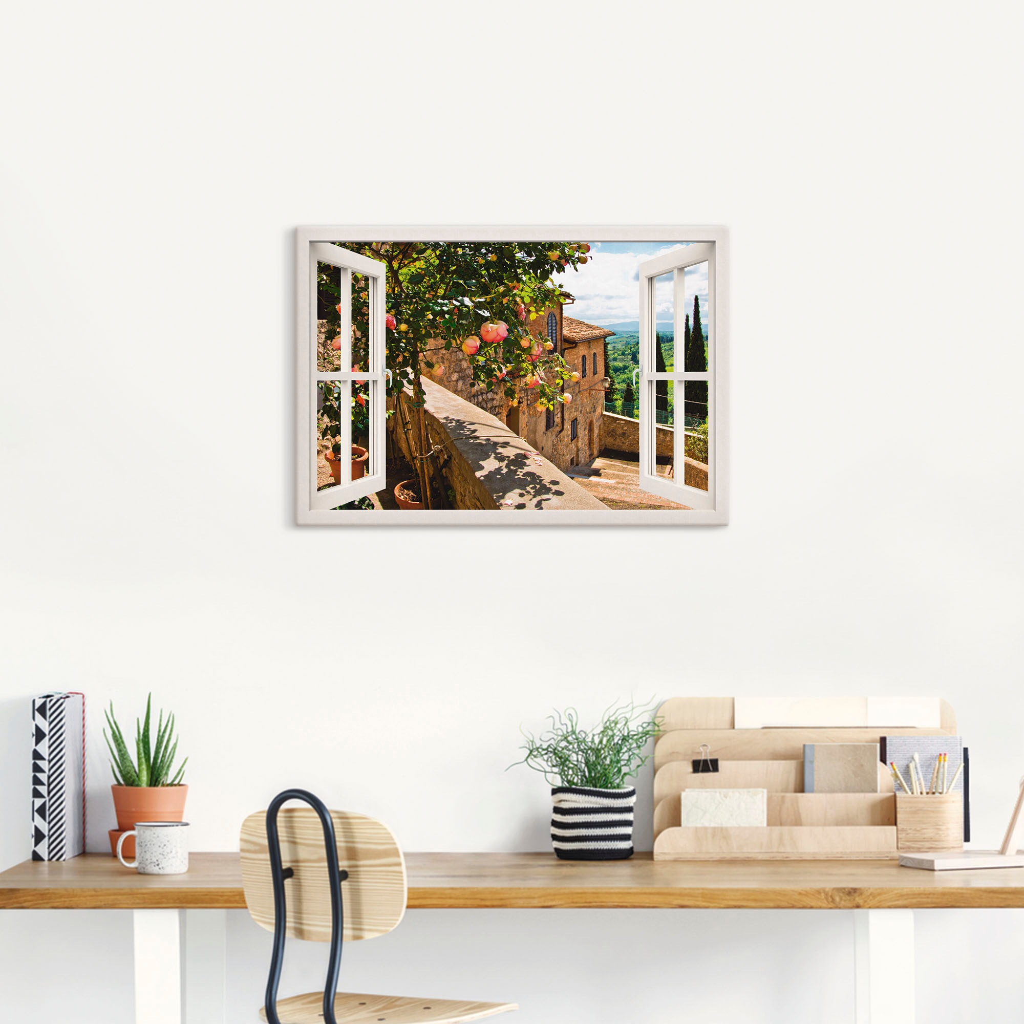 Artland Wandbild "Fensterblick Rosen auf Balkon Toskana" Garten 1 Stk. tlg. günstig online kaufen