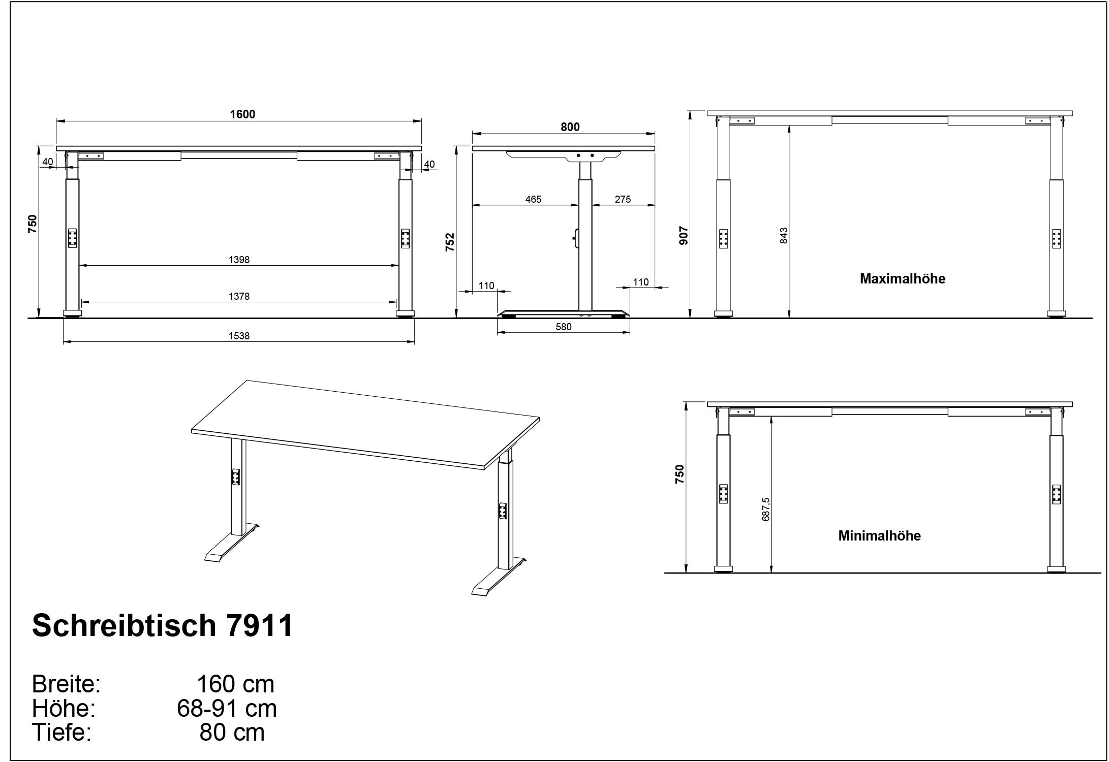 GERMANIA Schreibtisch »Mailand, mechanisch höhenverstellbar,«, in Breitenvariante 120-180 cm, Made in Germany