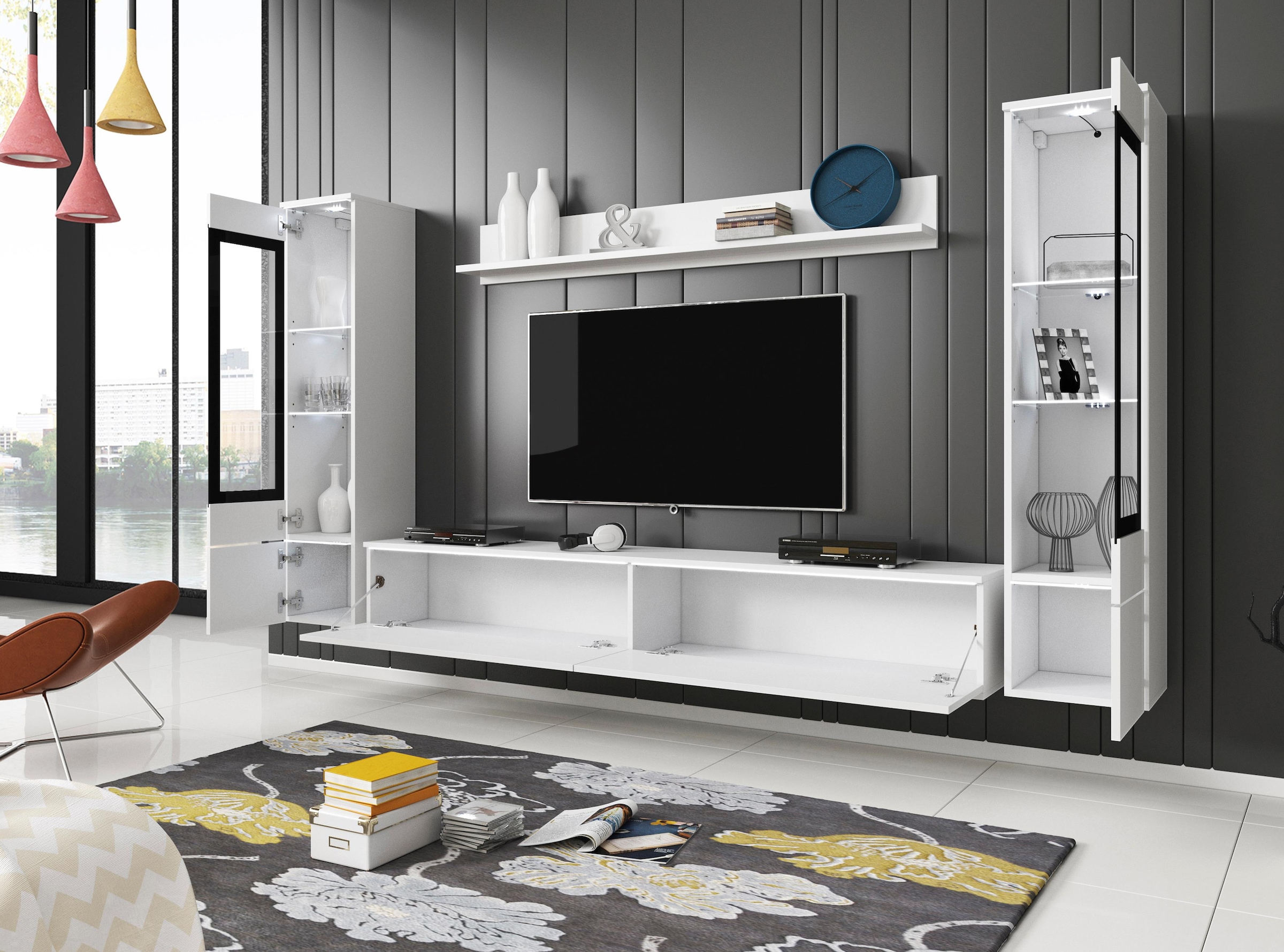 INOSIGN Wohnwand »VERA II, Vitrinen Türanschlag wechselbar«, (Komplett-Set, 4 St.), Mediawand 260 cm, Vitrine mit Verglasung, stehend und hängend
