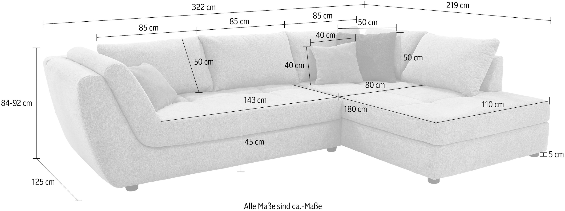 Jockenhöfer Gruppe Ecksofa »Rascasse, L-Form, Rampenotik im modernen Design«, alle Kissen inklusive, rechts oder links montierbar, XXL-Breite: 322cm