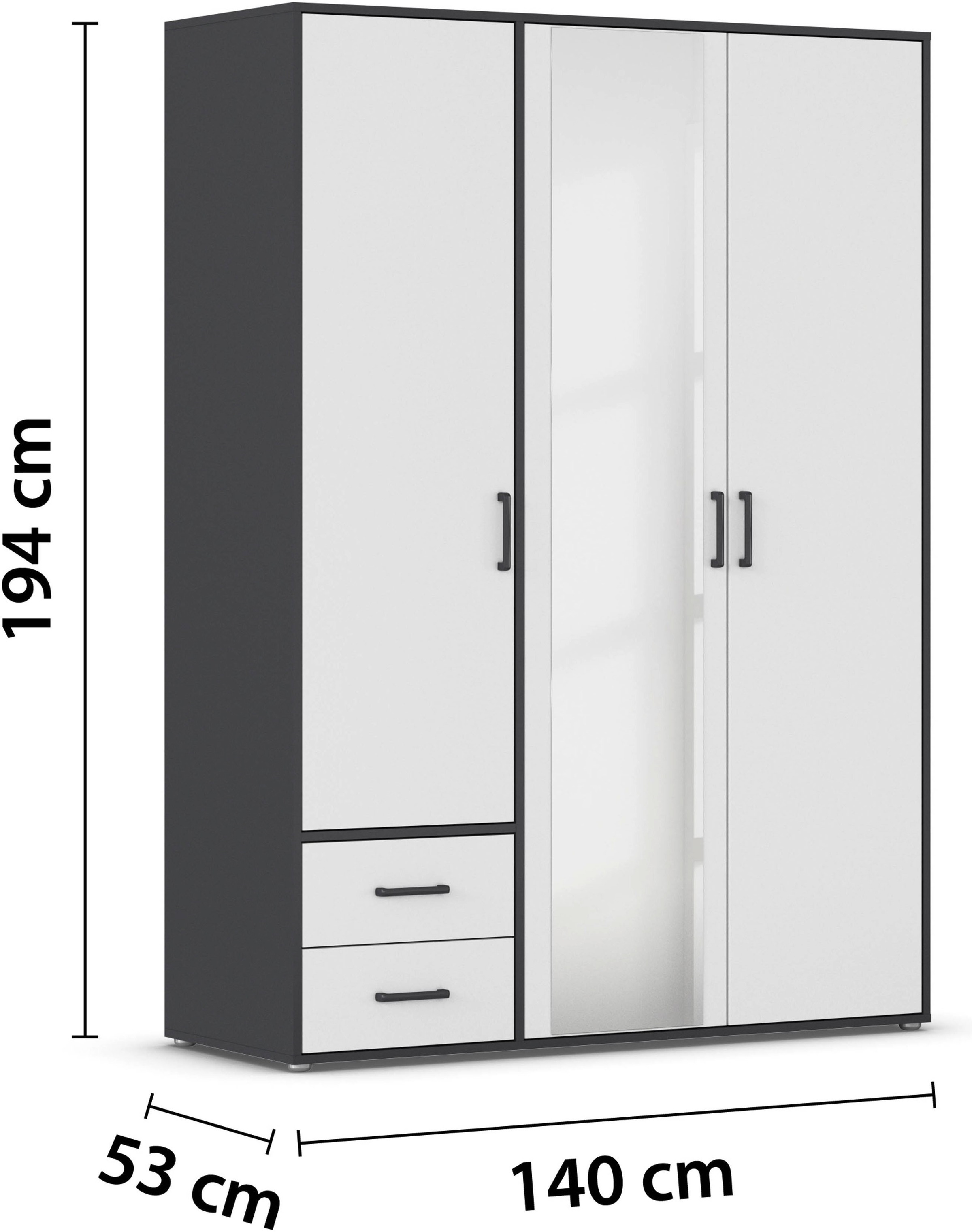 rauch Drehtürenschrank »Kleiderschrank Schrank Garderobe Wäscheschrank VOYAGER«, (in 3 verschiedenen Ausstattungen BASIC/CLASSIC/PREMIUM), mit modernen Griffen in Graumetallic, inkl. Schubkästen und Spiegel