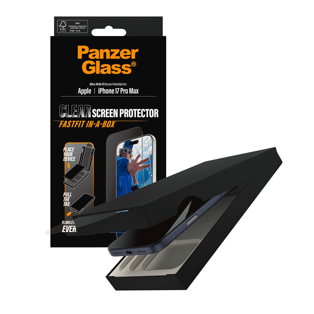 CARE by PanzerGlass Displayschutzglas »Ultra-Wide Fit Screen Protector FASTFIT IN-A-BOX«, für Apple iPhone 17 Pro Max, Displayschutzfolie, Schutzfolie, Bildschirmschutz, kratz- & stoßfest