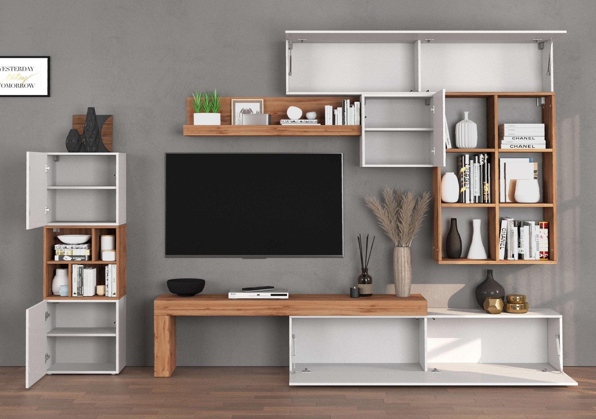 INOSIGN Wohnwand »Chronos Wohnwand, Medienwand, 8-er set«, (Set, 8 St.), ca. 320 cm mit Hängeschränke, Würfel, Regal, Lowboard, Made in Italy