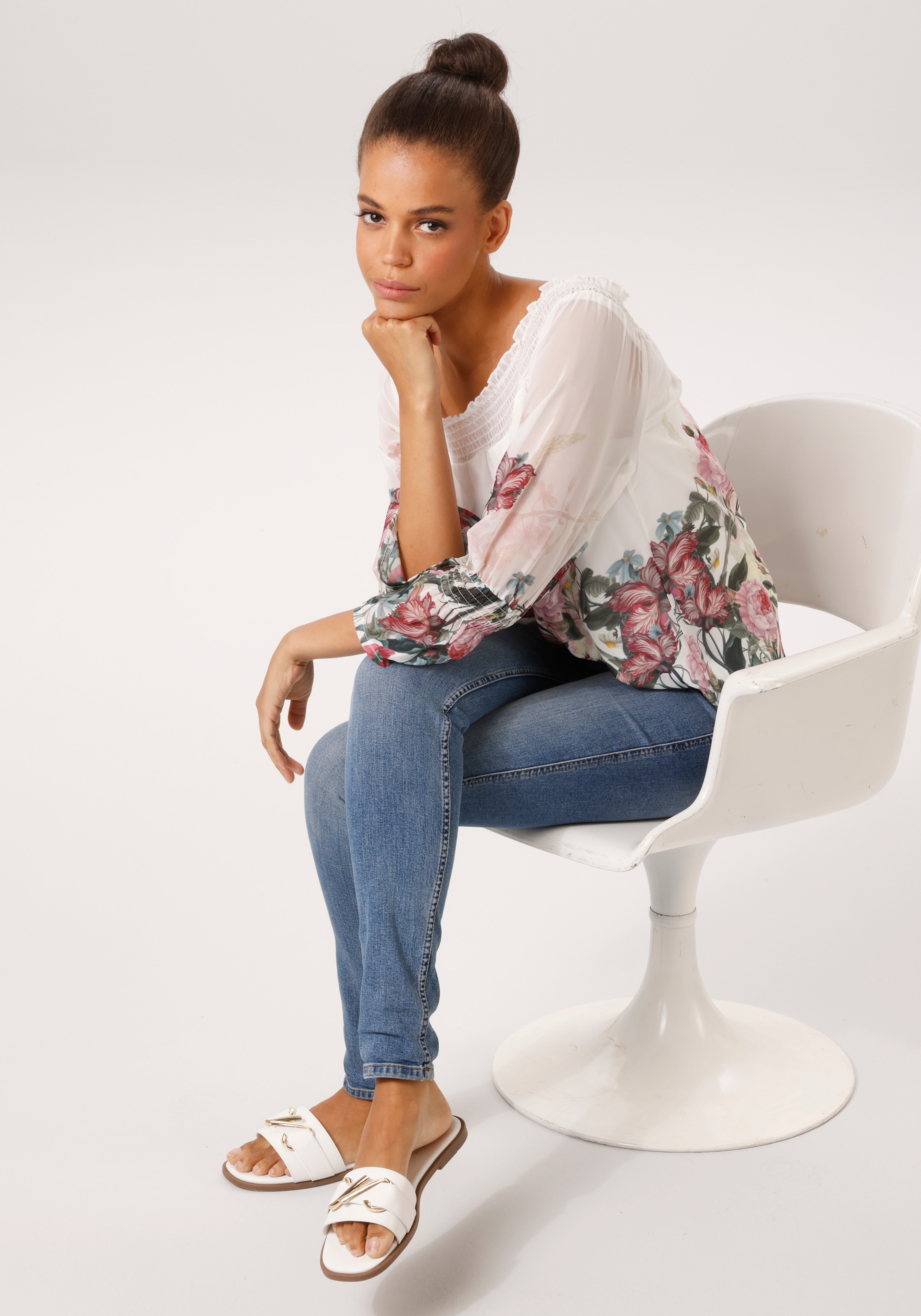 Aniston CASUAL Schlupfbluse mit bunten Blumen kunstvoll bedruckt - NEUE KOLLEKTION