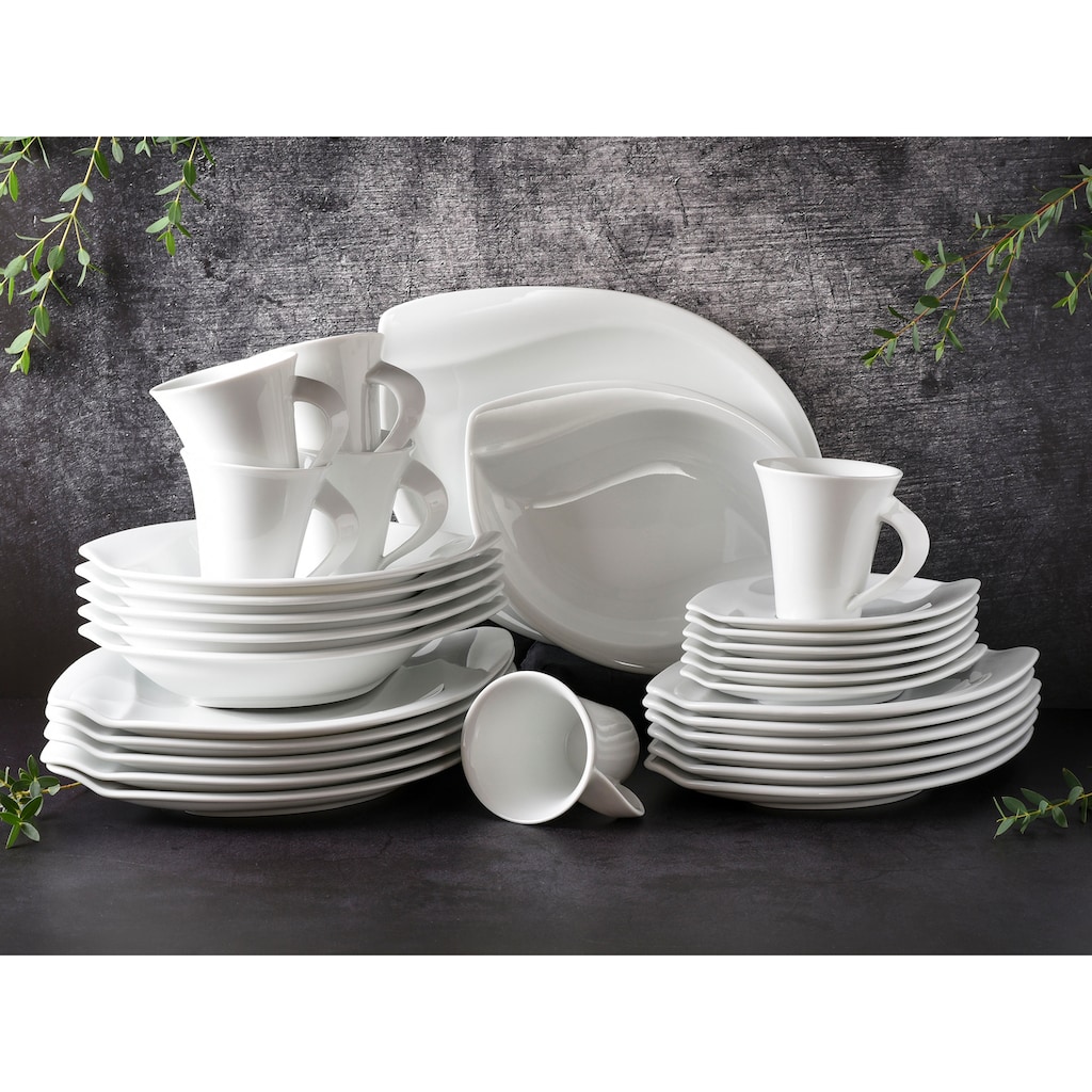 CreaTable Kombiservice »Geschirr-Set ACACIA«, (Set, 30 tlg., Kaffeeservice und Tafelservice im Set, für 6 Personen), Service, weiß, extravagantes Form, 30 Teile, für 6 Personen