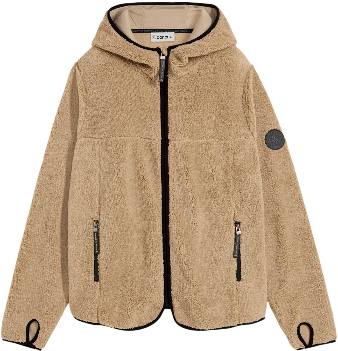 bonprix Fleecejacke mit Kapuze mit Kapuze, aus Teddy-Fleece, lässige Passform, mit Stehkragen