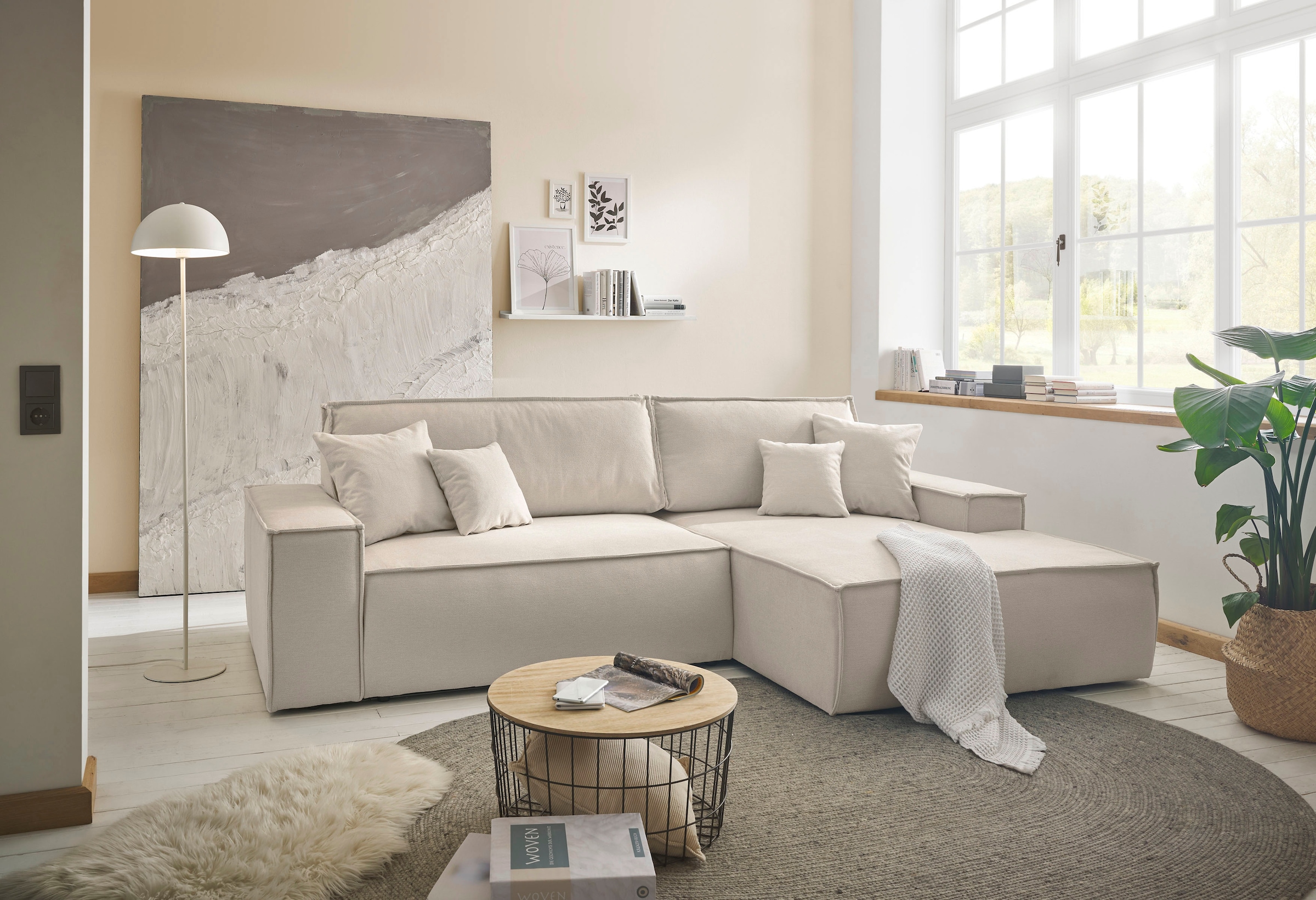 andas Ecksofa »Finnley Schlafsofa 267 cm in Bouclé, Struktur fein u. Cord, L-Form,«, Schlaffunktion m. Bettkasten (136/210 cm), Bouclé, Struktur und Cord