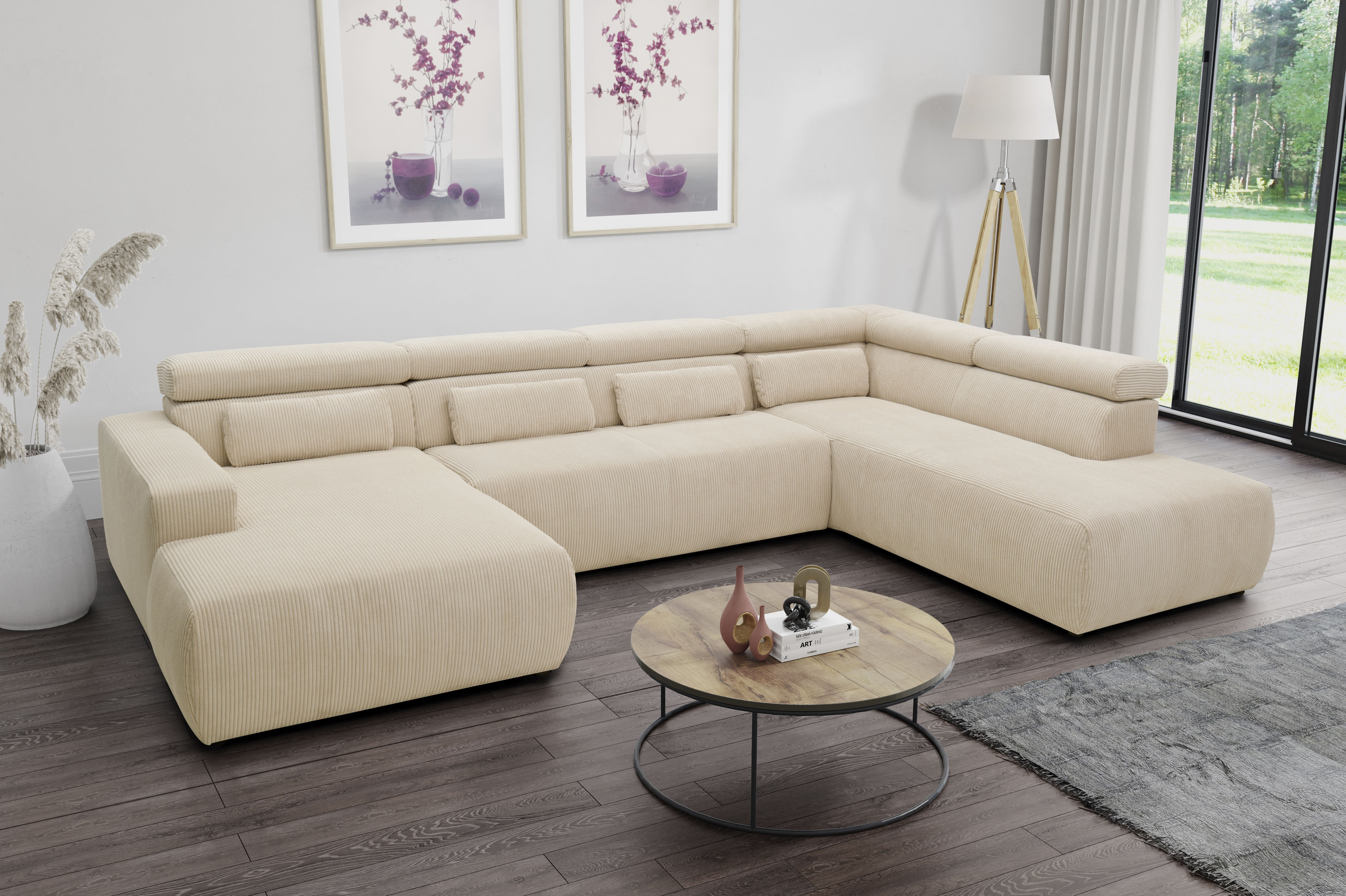 DOMO collection Wohnlandschaft "BRANDON whlw. mit Sitztiefenverstellung, whlw. Nierenkissen" ohne Sitztiefenverstellung, Cord, creme