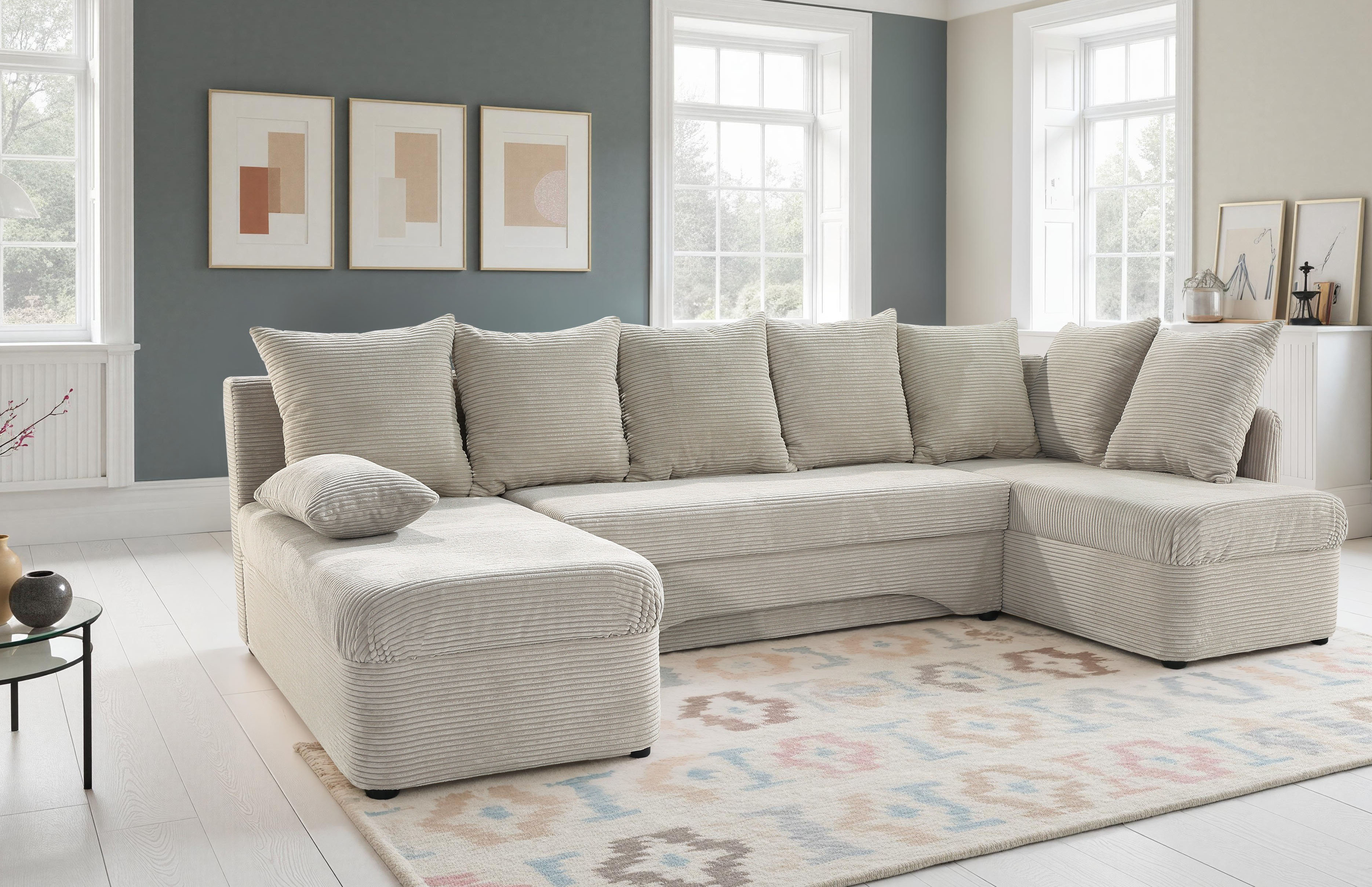 Jockenhöfer Gruppe Wohnlandschaft "Arktis U-Form, B: 260 cm, auch in Cord" Sofa mit Bettkasten & Schlaffunktion, zahlreiche Kissen