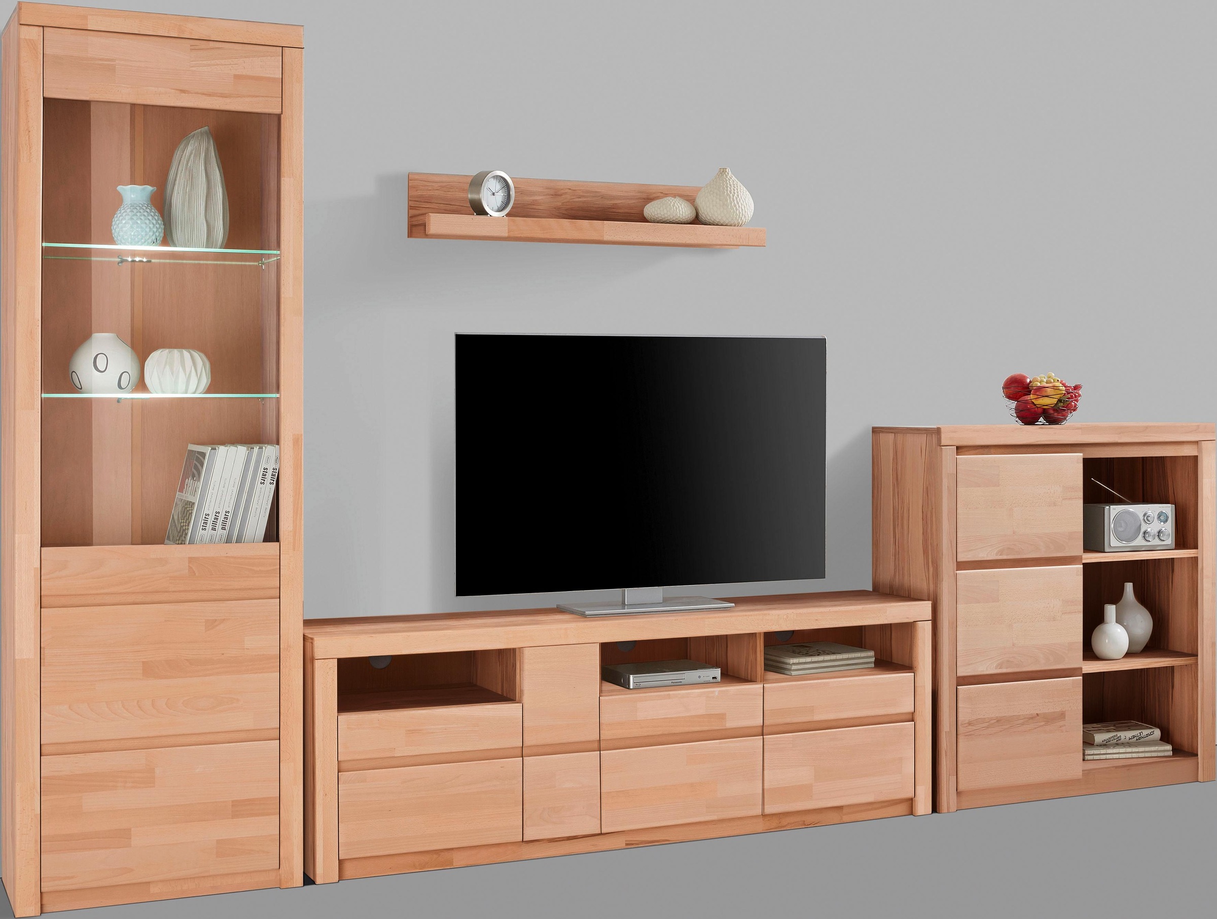 OTTO home Wohnwand "Silkeborg: 4-teilig, Breite: 310cm, Griffmulden, Fronten Massivholz" Set, 4 Stk. tlg.
