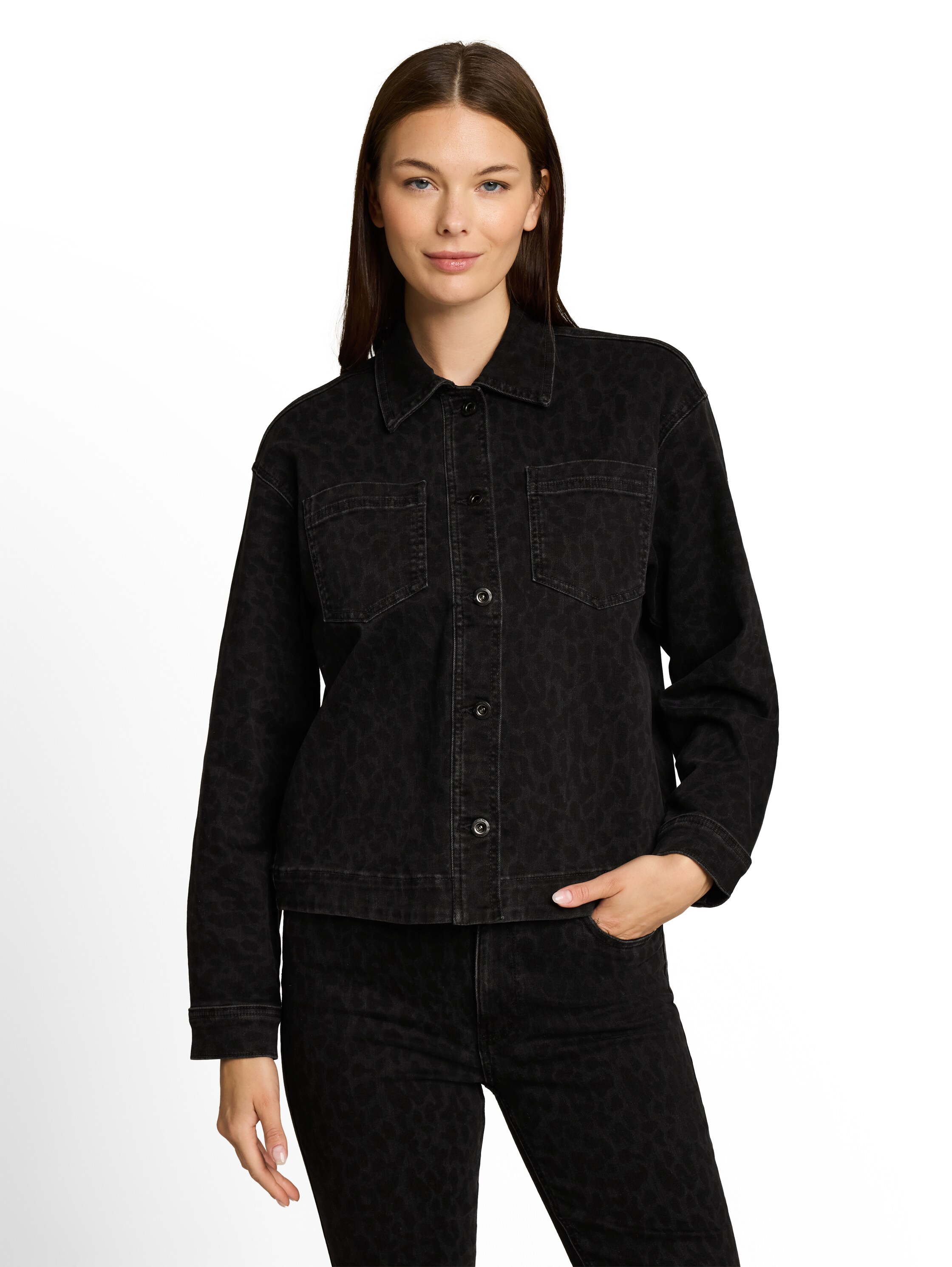 TOM TAILOR Jeansjacke "Regular" ohne Kapuze im Leo-Look / hemdkragen mit Knopfleiste