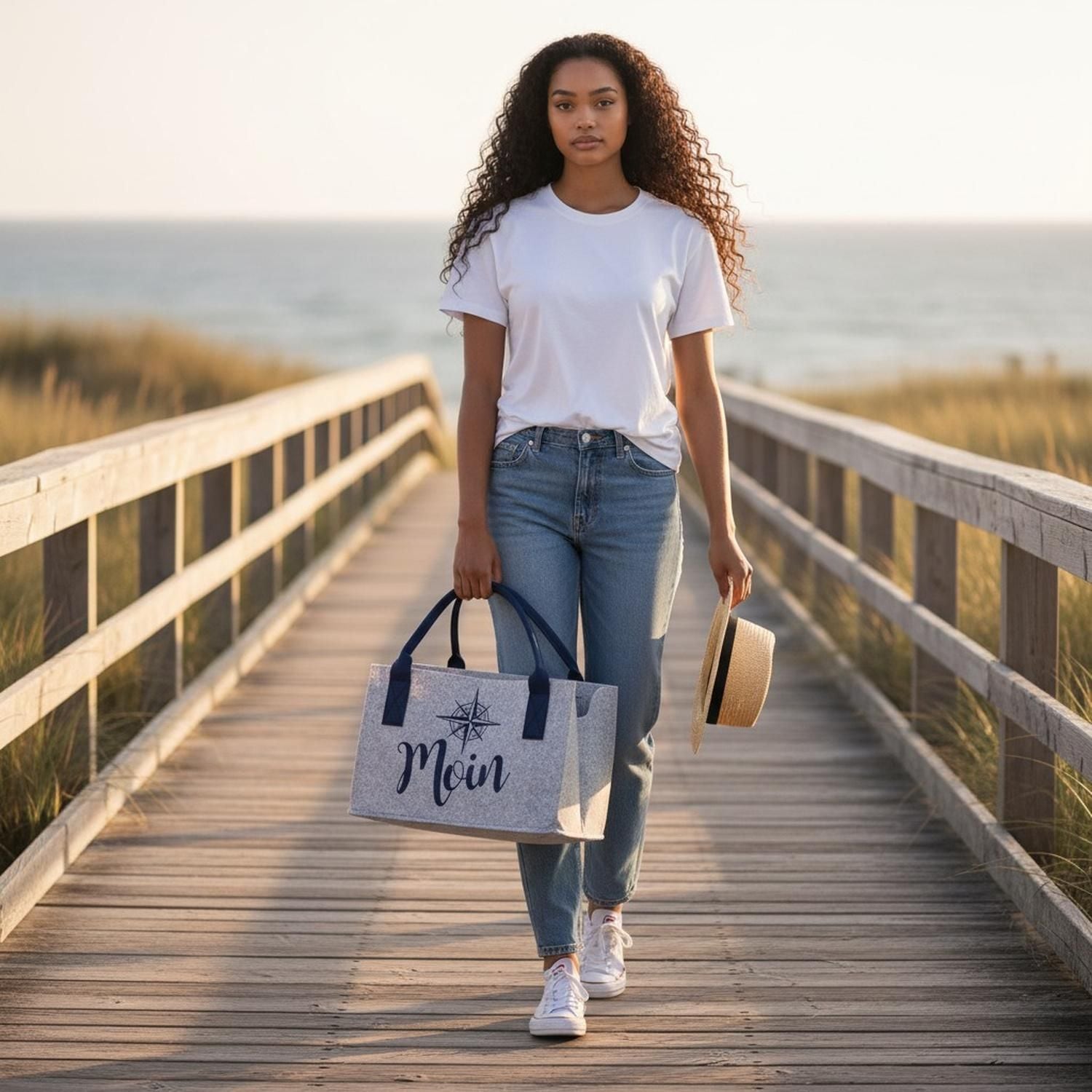 GILDE Einkaufsshopper »Tasche, "Moin", Schriftzug, Windrosenmotiv, Filz, grau« Windrose, Einkauf, Alltagsbegleiter, Geschenkidee, Aufbewahrung
