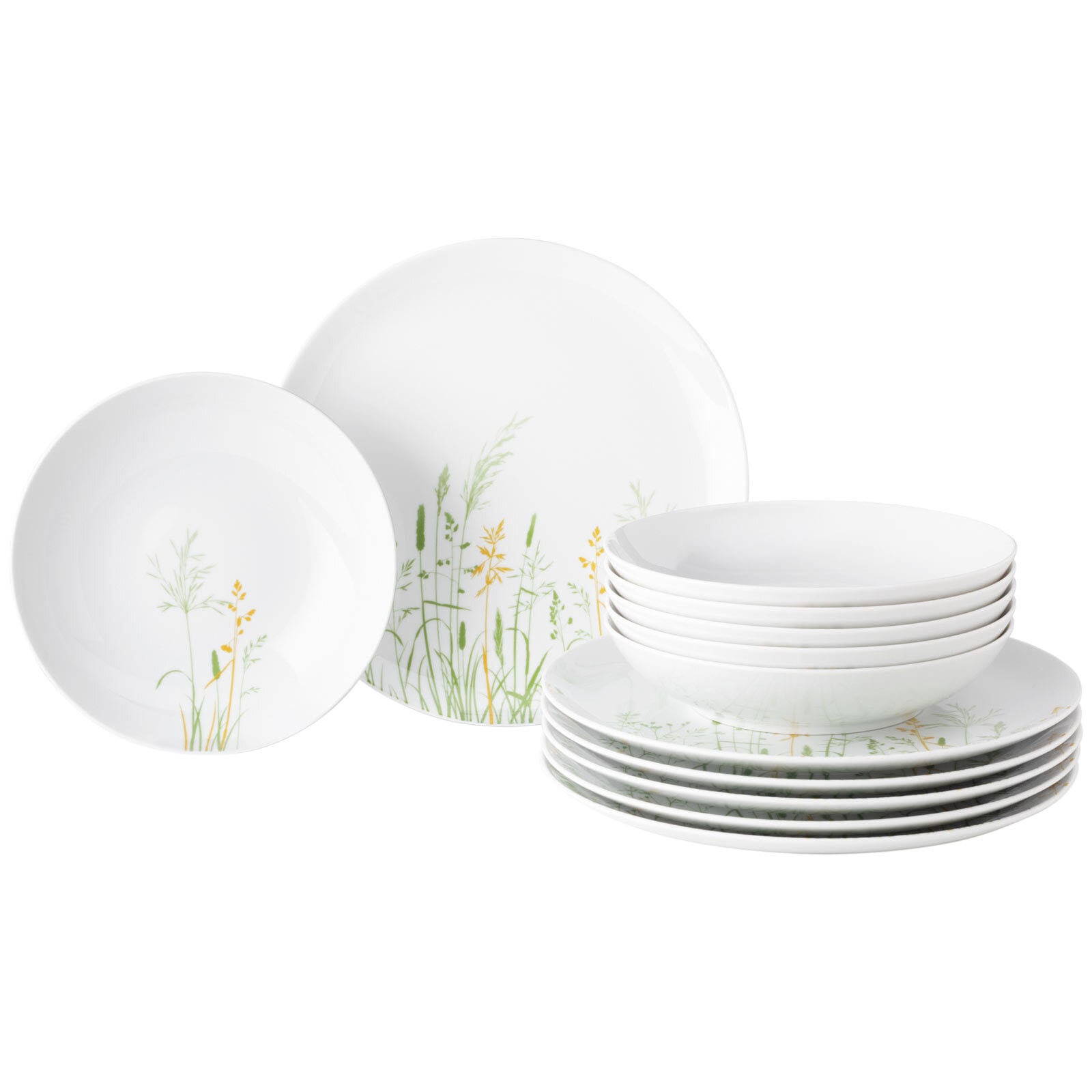 Tafelservice SELTMANN WEIDEN "Teller Set, Geschirr-Set, 12 Teile, Liberty Meadow Grasses", bunt (weiß, curry, gelb, grün), 12 Stk., Porzellan, Geschirr-Sets, Tafelservice, Geschirr-Set, Teller, Made in Germany, 12 Teile, für 6 Personen