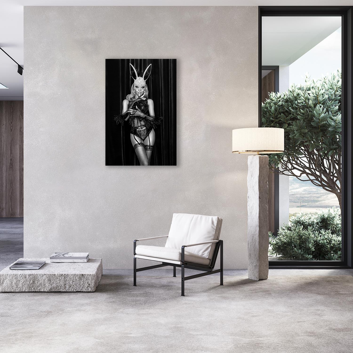Alu-Dibond-Druck QUEENCE, B:80cm H:120cmfarbe bild(er): grau, Alu Dibond, Bilder, "Verführerische Frau in sexy Unterwäsche und Maske", Erotische
