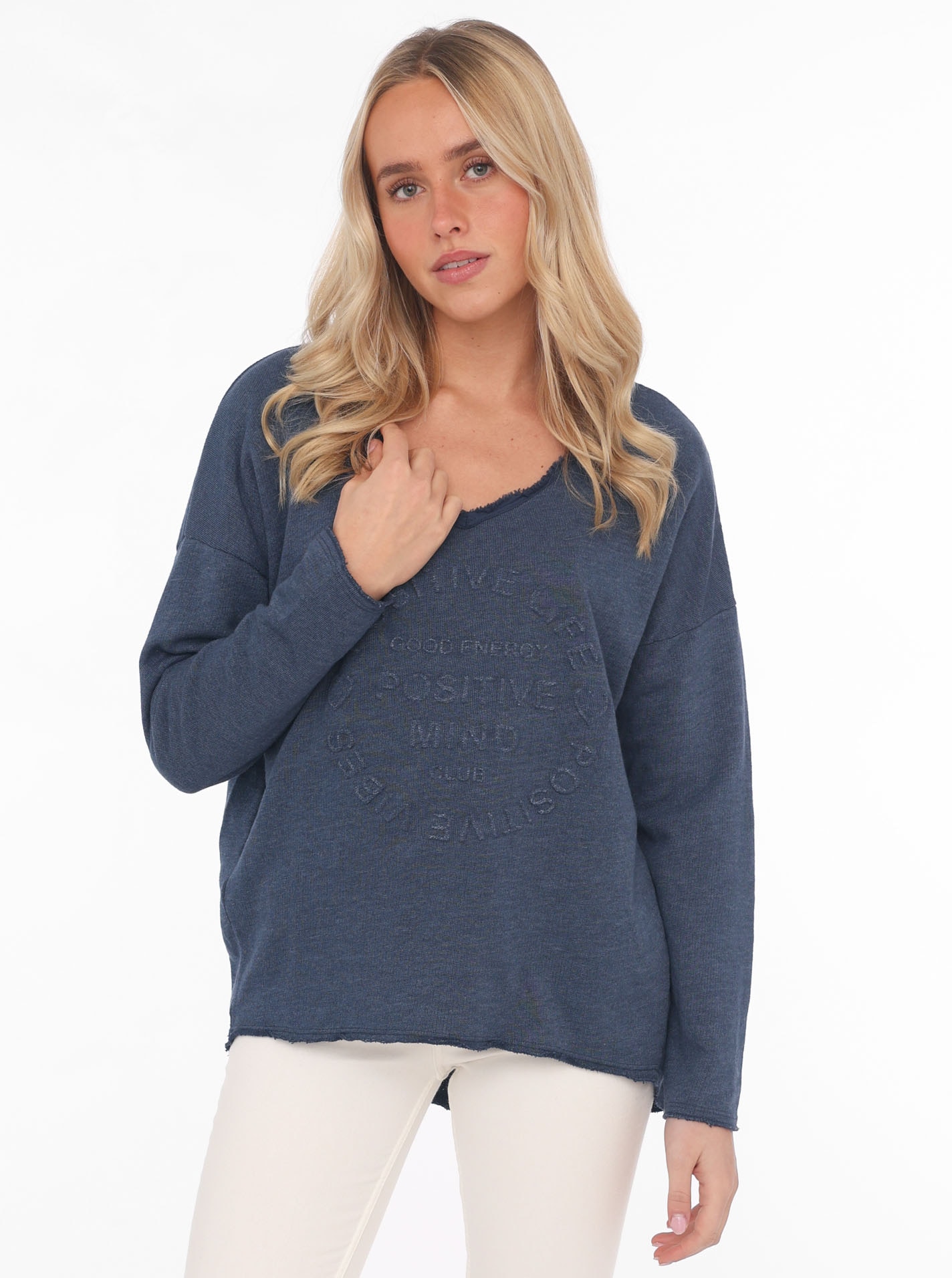 Zwillingsherz Sweatshirt ""Positive Mind"", ausgefranster V-Ausschnitt, Use günstig online kaufen
