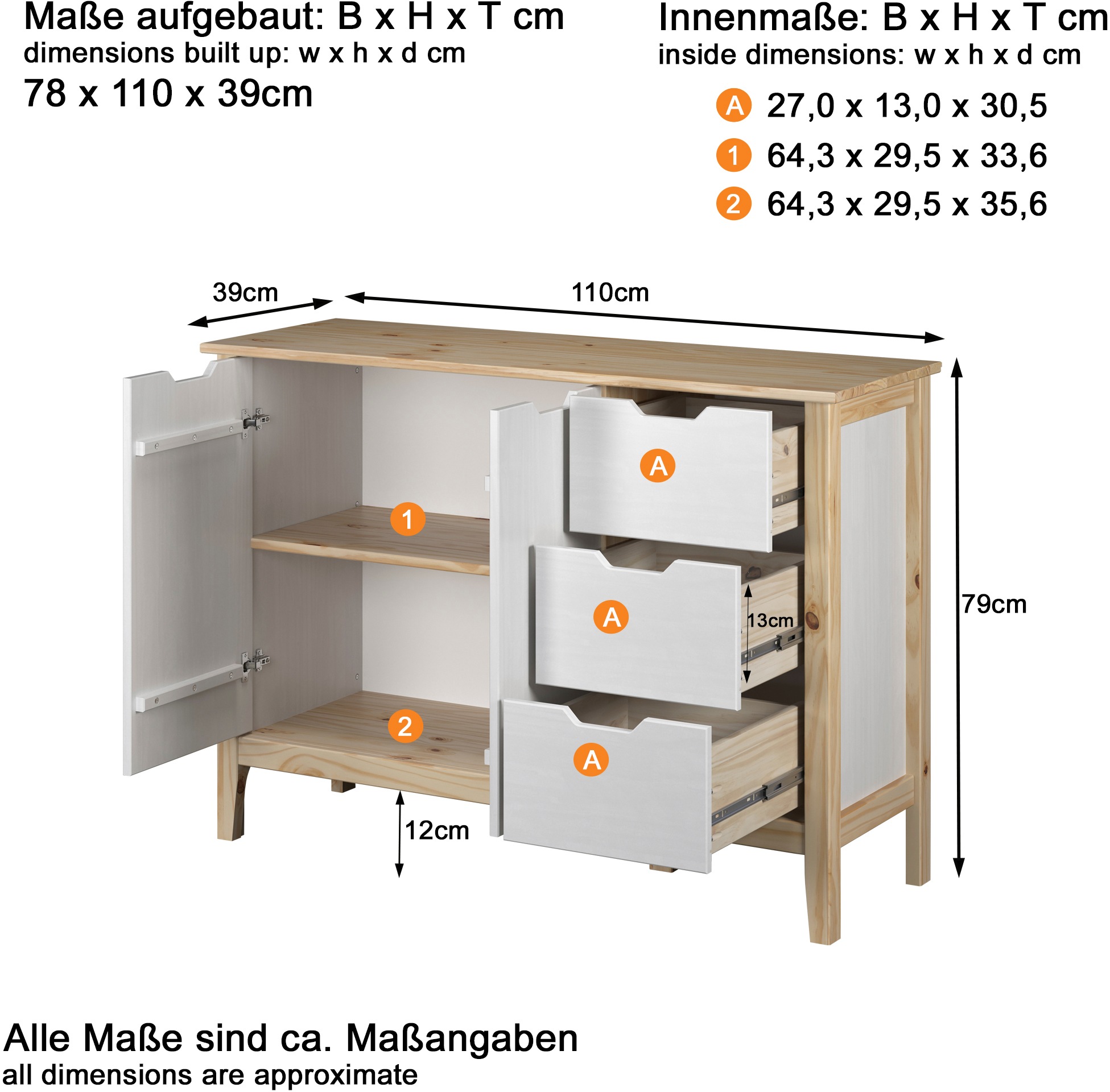 INTER-FURN Kommode »Latera«, (1 St.), Massivholz / Klarlack matt, Kiefer, B/H/T: 110 x 79 x 39 cm