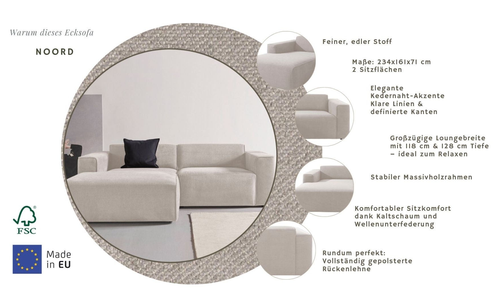 Home affaire Ecksofa »Noord mit Kedernaht, Breite 234 cm, L-Form« mit Kedernaht, Breite 234 cm, Cord, Struktur, Webstoff